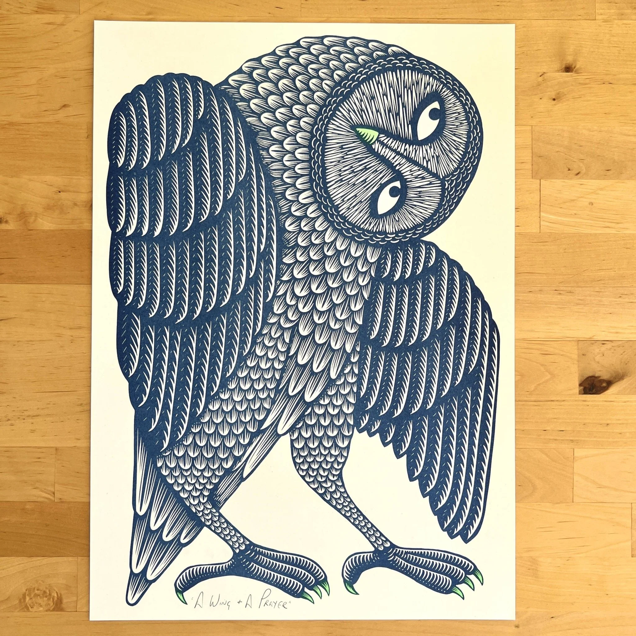 'A Wing and A Prayer' Owl Riso Art Print - Image 2