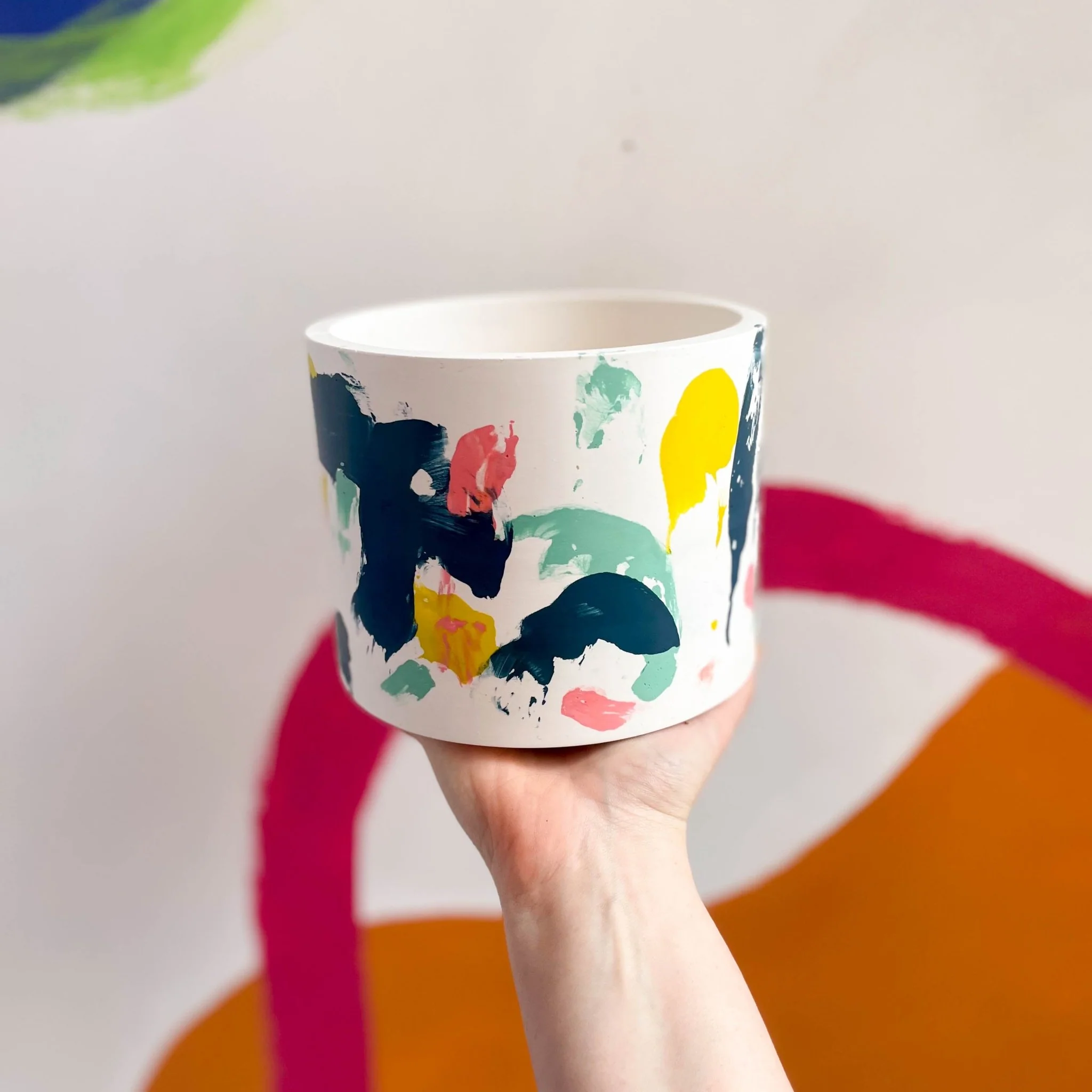 Abstract Pink, Yellow and Blue Jesmonite Pot