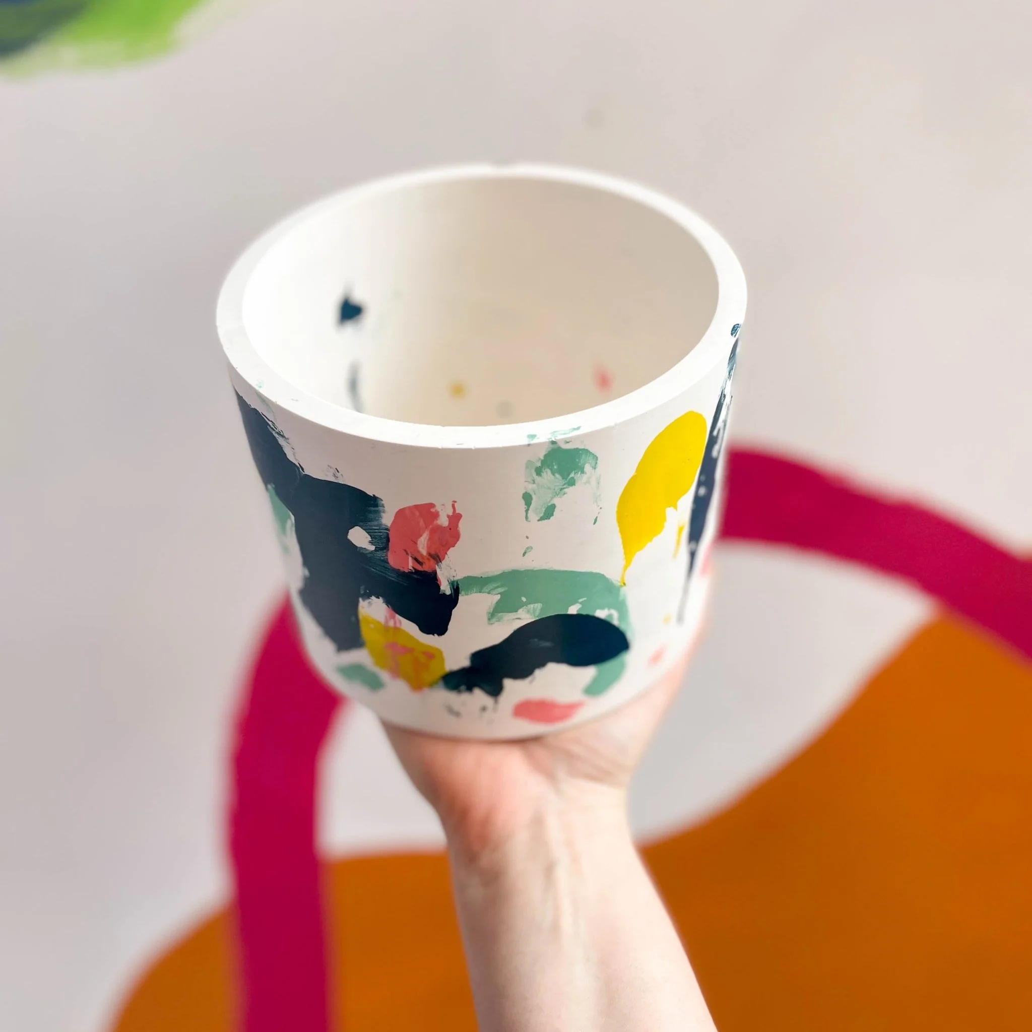 Abstract Pink, Yellow and Blue Jesmonite Pot - Image 2