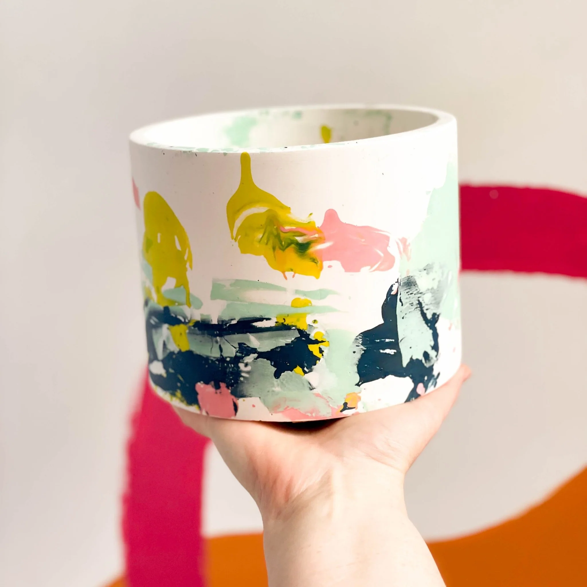 Abstract Pink, Yellow and Blue Jesmonite Pot - Image 3