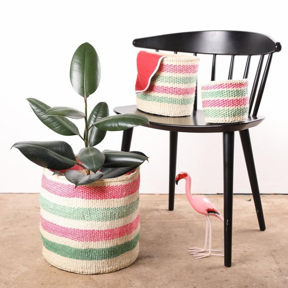 Alama - Light Pink & Green Stripe Woven Basket