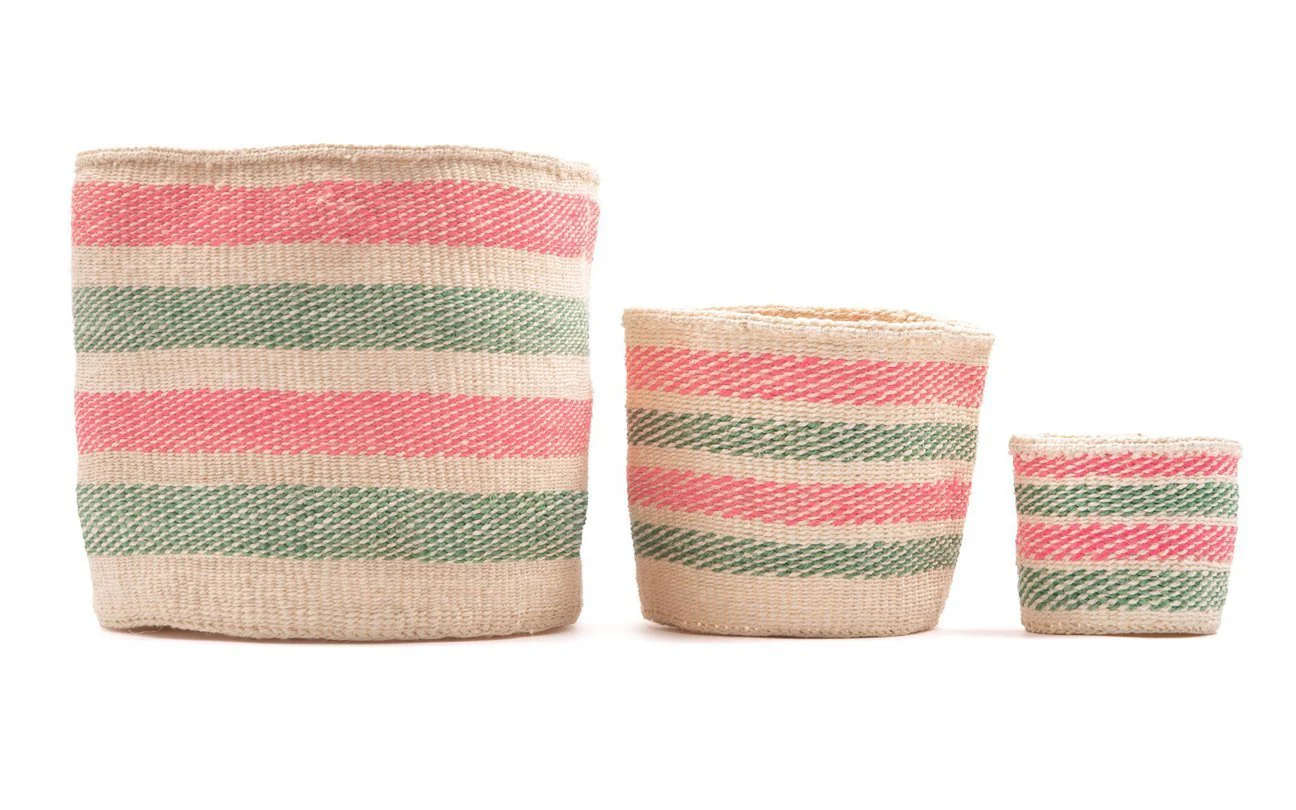 Alama - Light Pink & Green Stripe Woven Basket - Image 2
