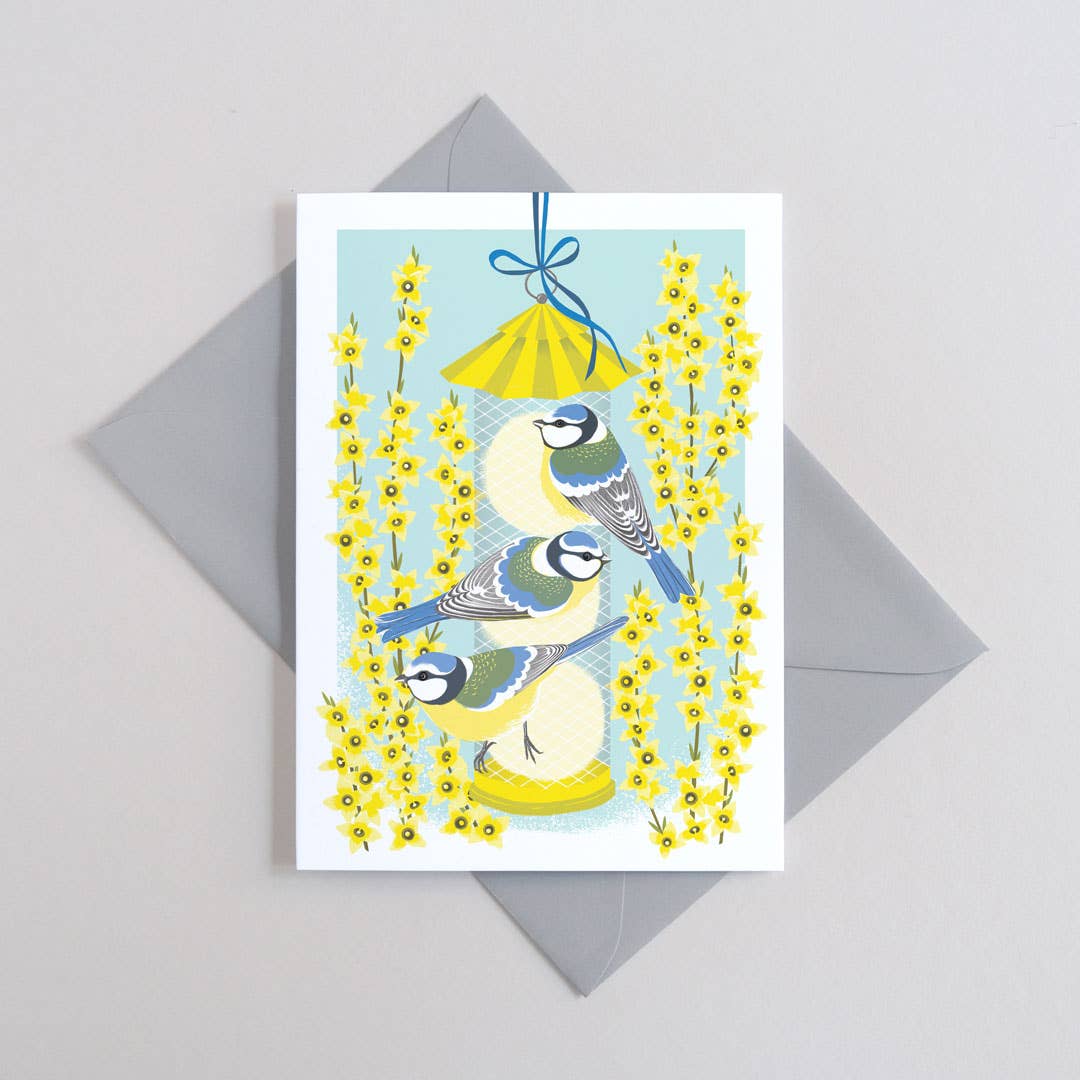 Blue Tits & Forsythia | Everyday greetings card | Bird lover