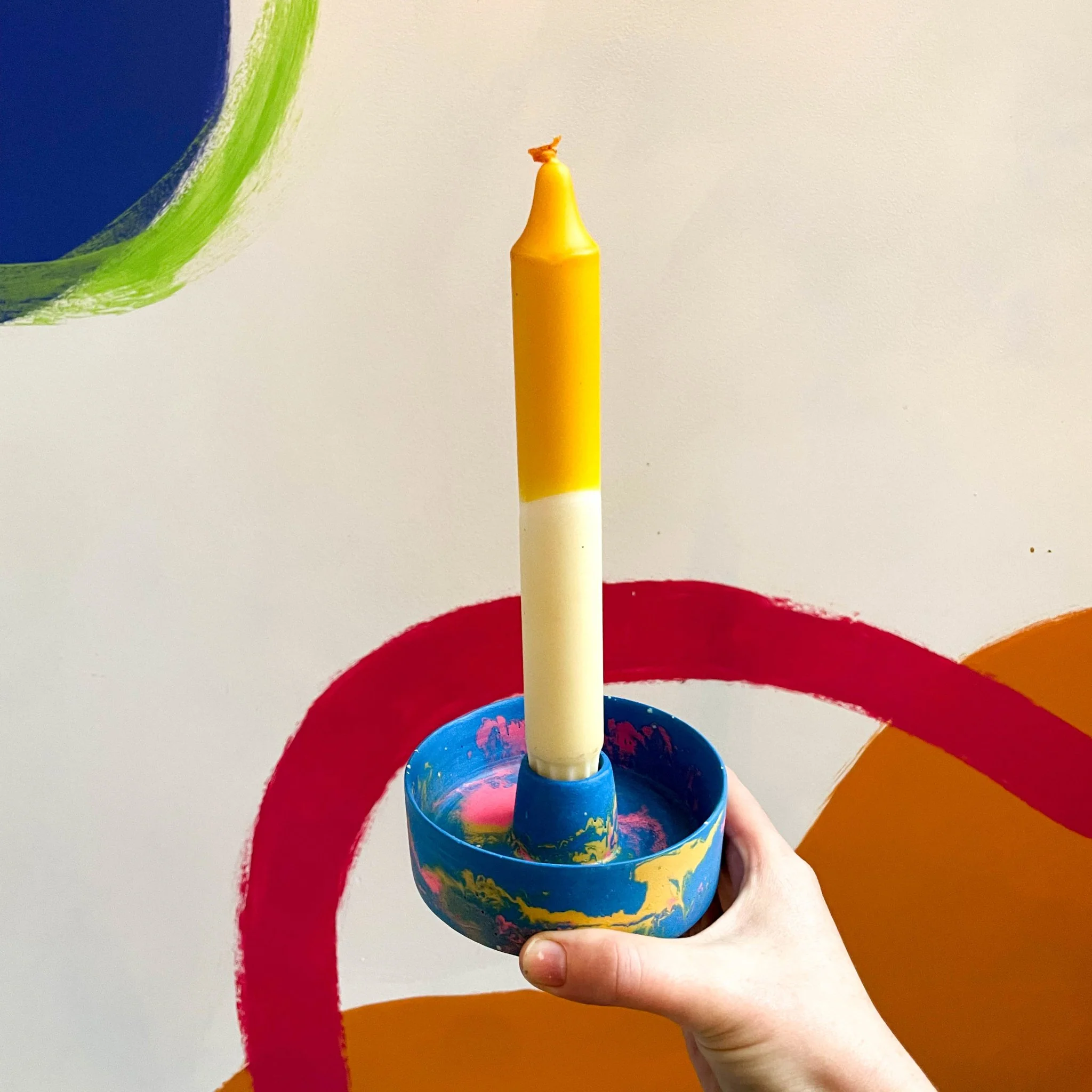 Bright Blue, Pink and Yellow Abstract Jesmonite Candle Basin Holder