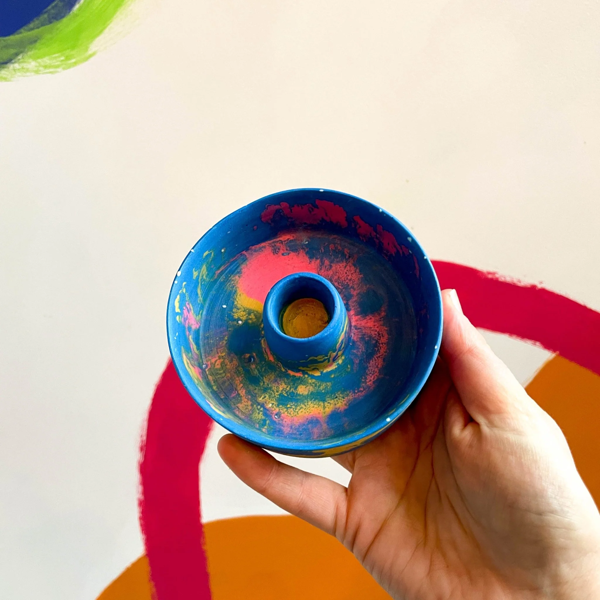 Bright Blue, Pink and Yellow Abstract Jesmonite Candle Basin Holder - Image 3