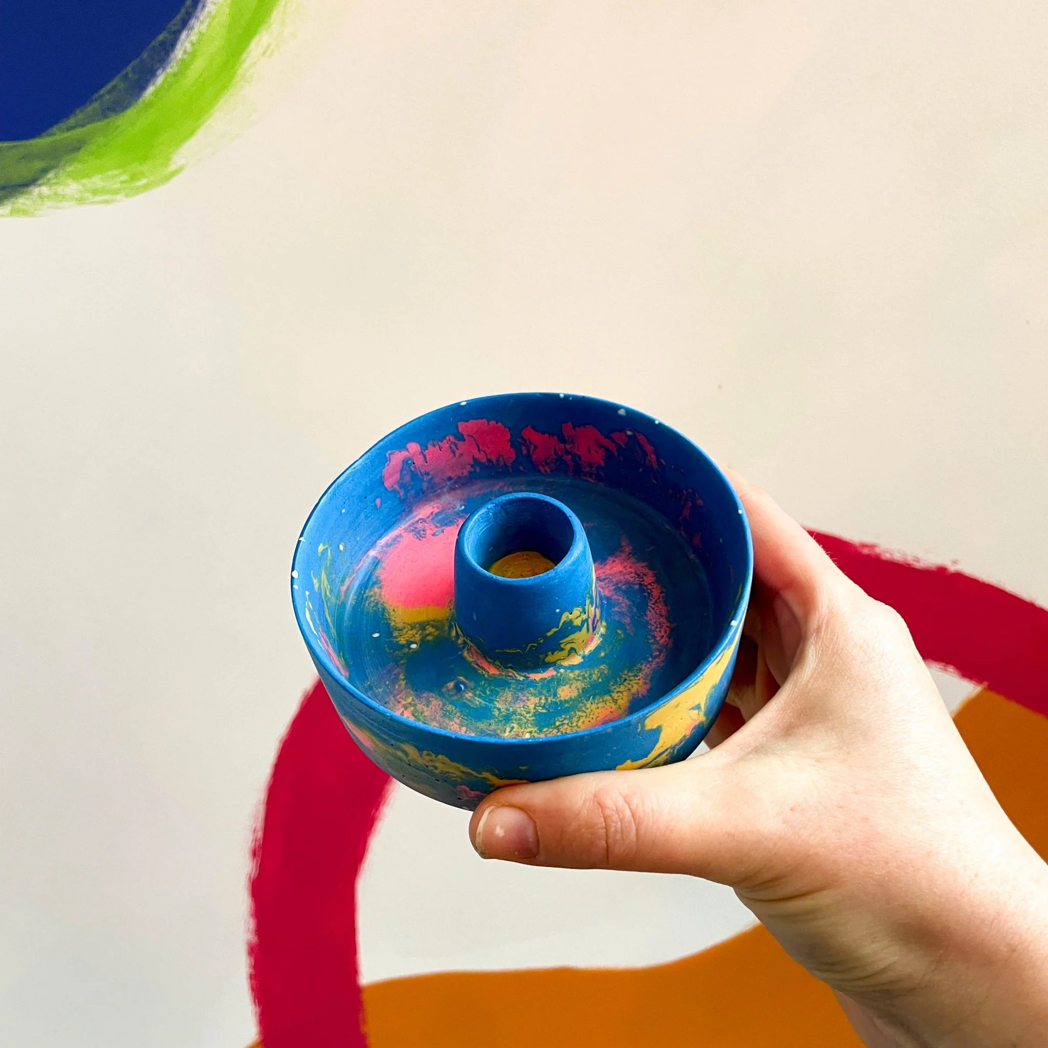 Bright Blue, Pink and Yellow Abstract Jesmonite Candle Basin Holder - Image 4