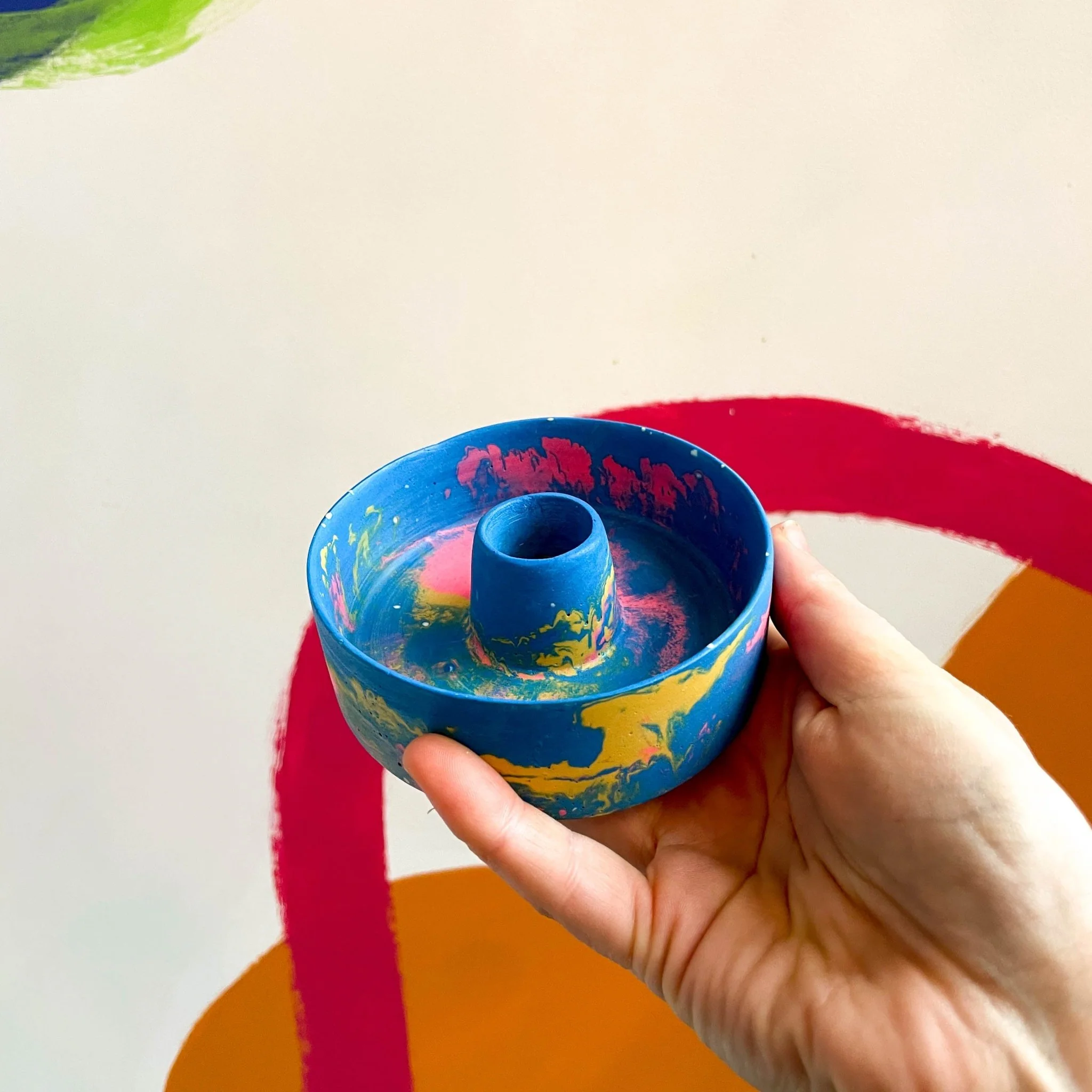 Bright Blue, Pink and Yellow Abstract Jesmonite Candle Basin Holder - Image 5