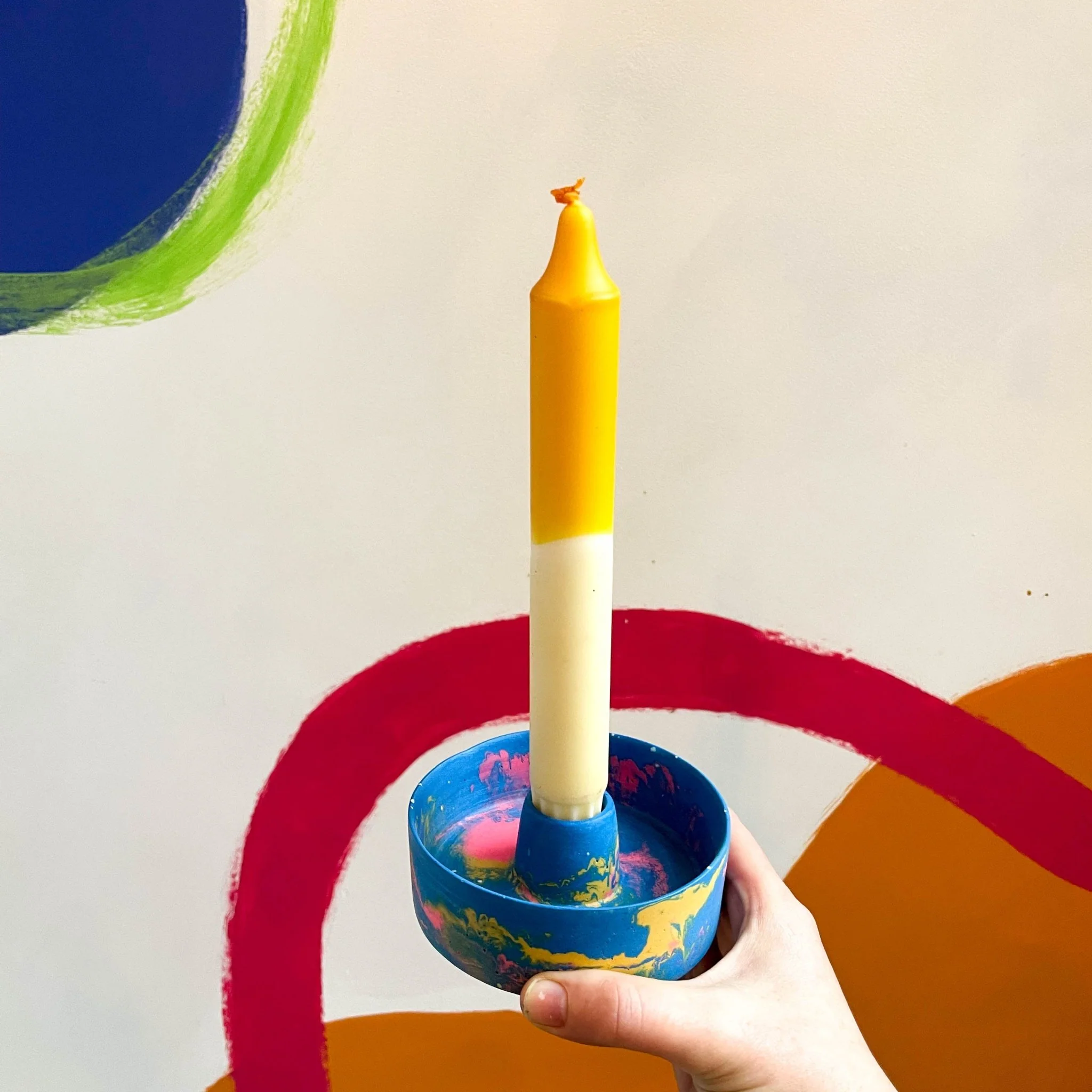 Bright Blue, Pink and Yellow Abstract Jesmonite Candle Basin Holder - Image 6
