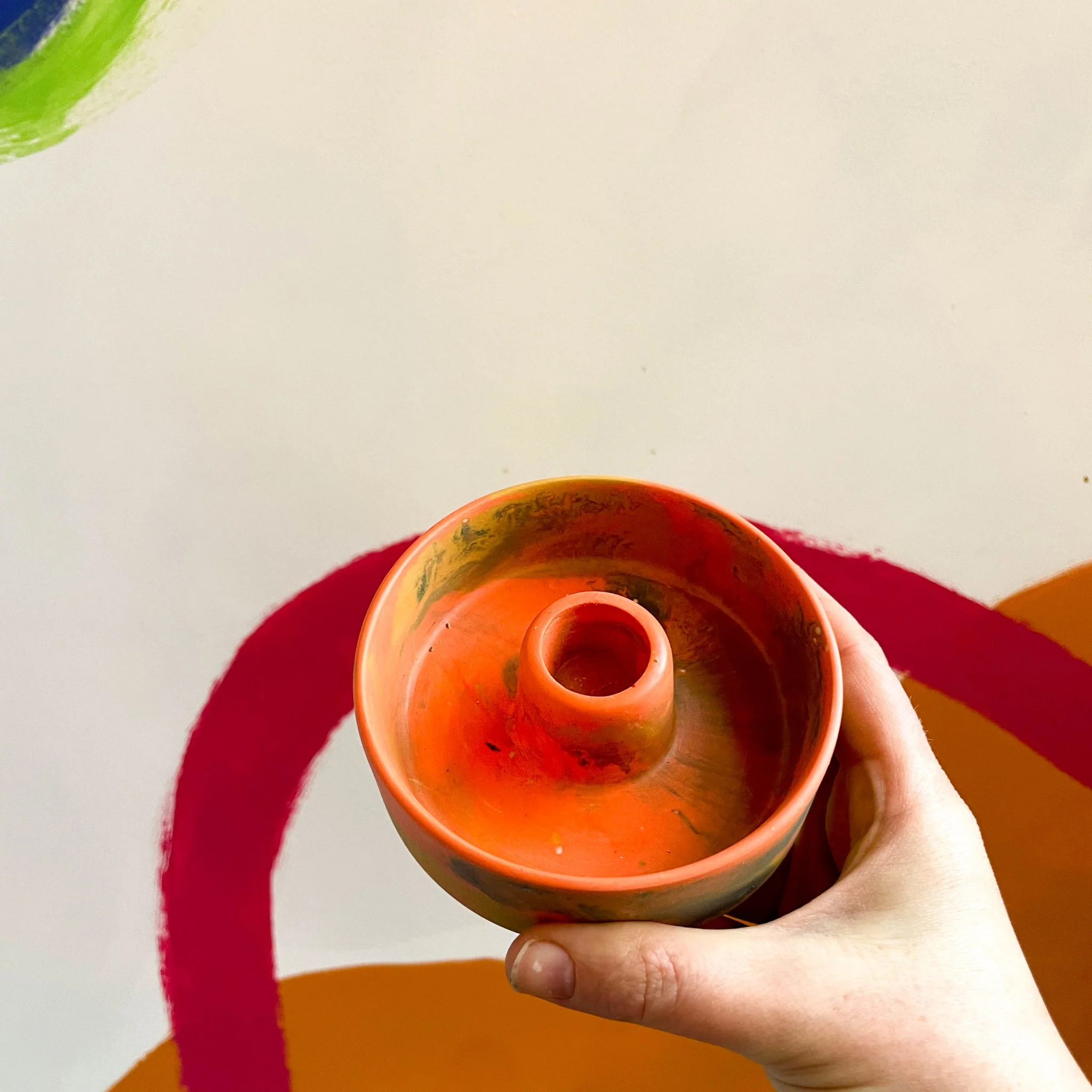 Bright Coral, Tan and Grey Abstract Jesmonite Candle Basin Holder - Image 3