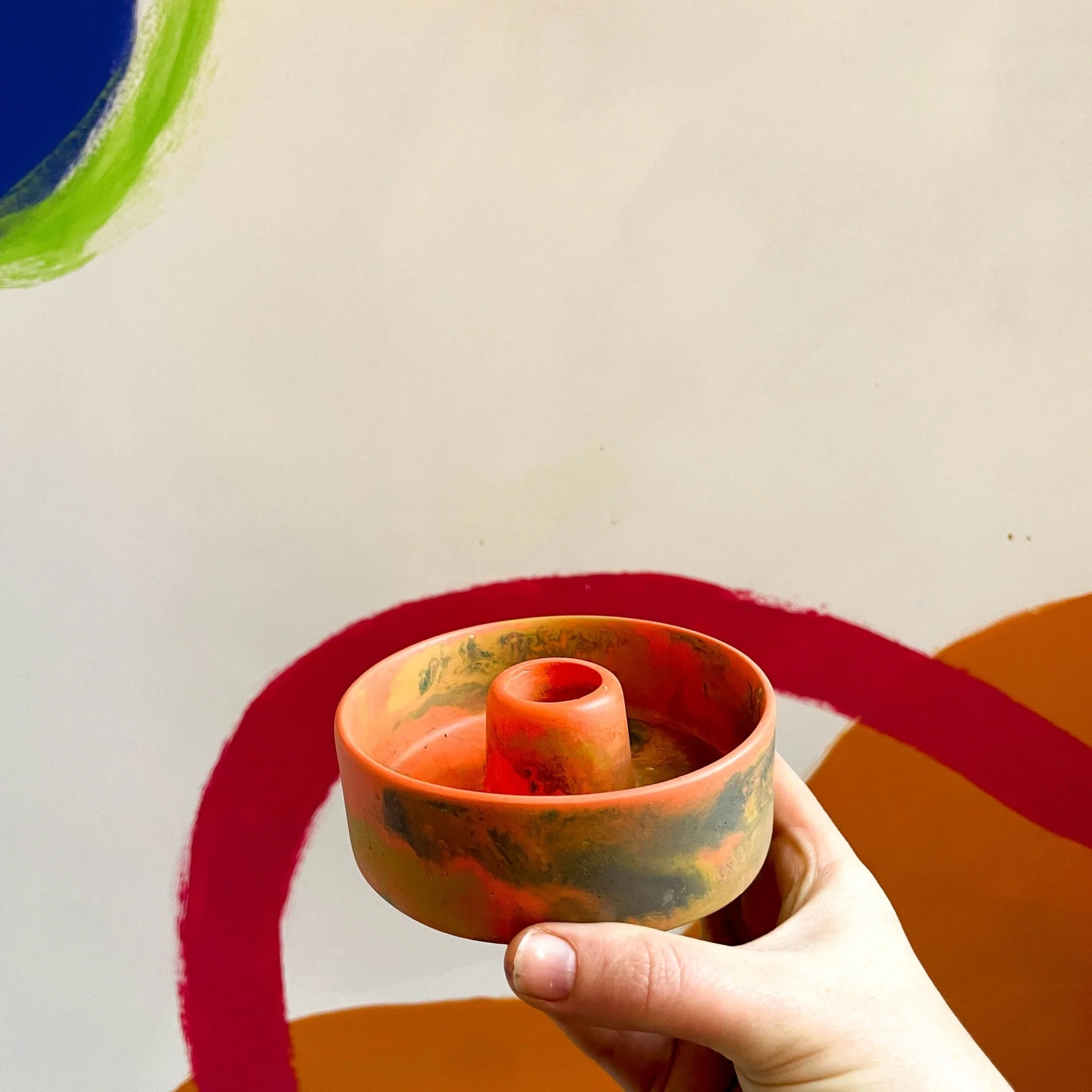 Bright Coral, Tan and Grey Abstract Jesmonite Candle Basin Holder - Image 4