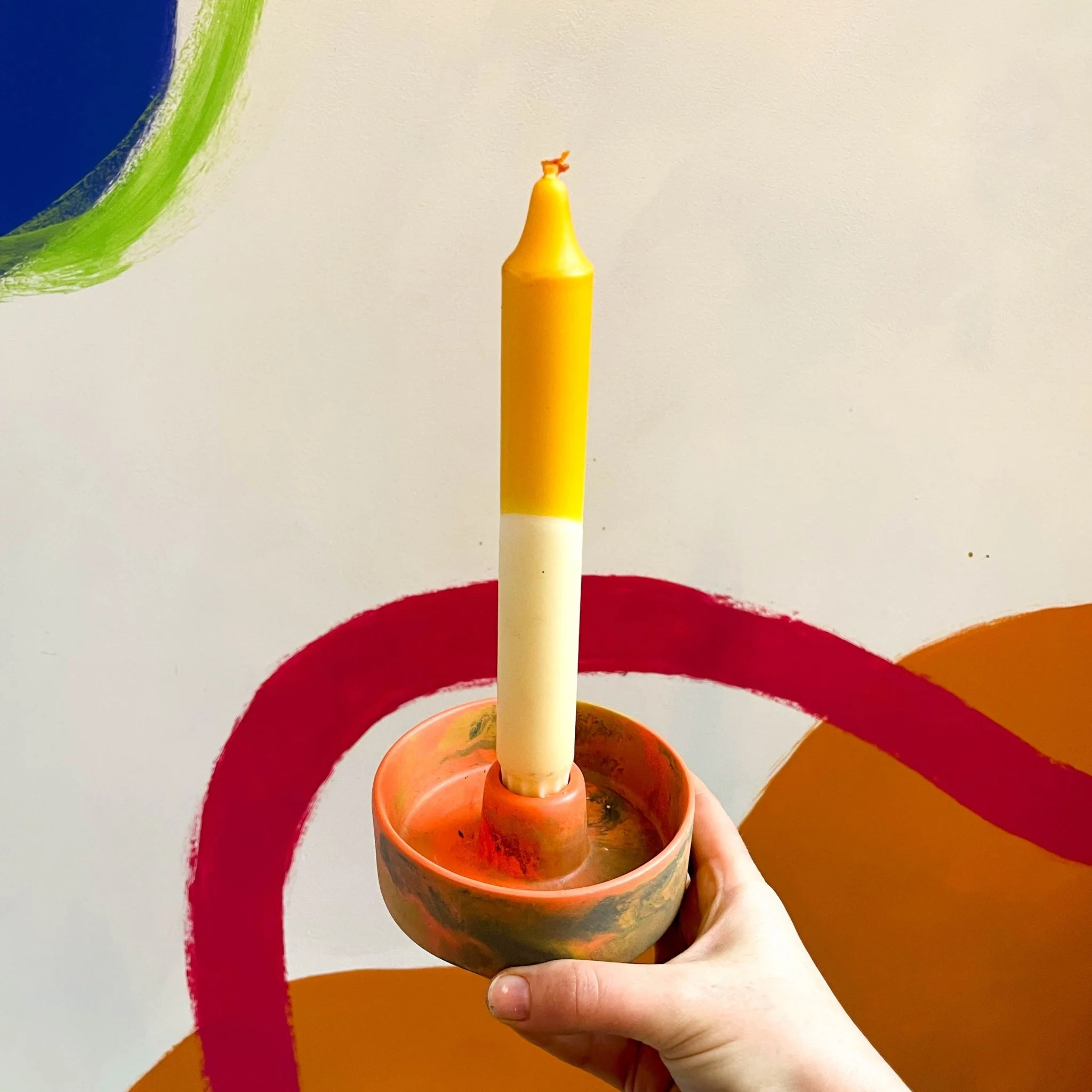 Bright Coral, Tan and Grey Abstract Jesmonite Candle Basin Holder - Image 6