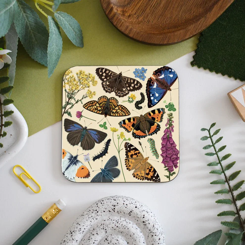 British Butterflies Illustrated Coaster – Featuring Speckled Wood, Painted Lady & Small Tortoiseshell