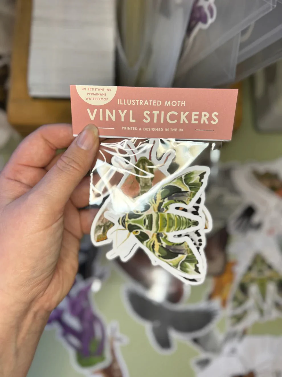 British Moth Vinyl Sticker Set – Lime Hawk, Magpie & Oleander Hawk Moths - Image 3