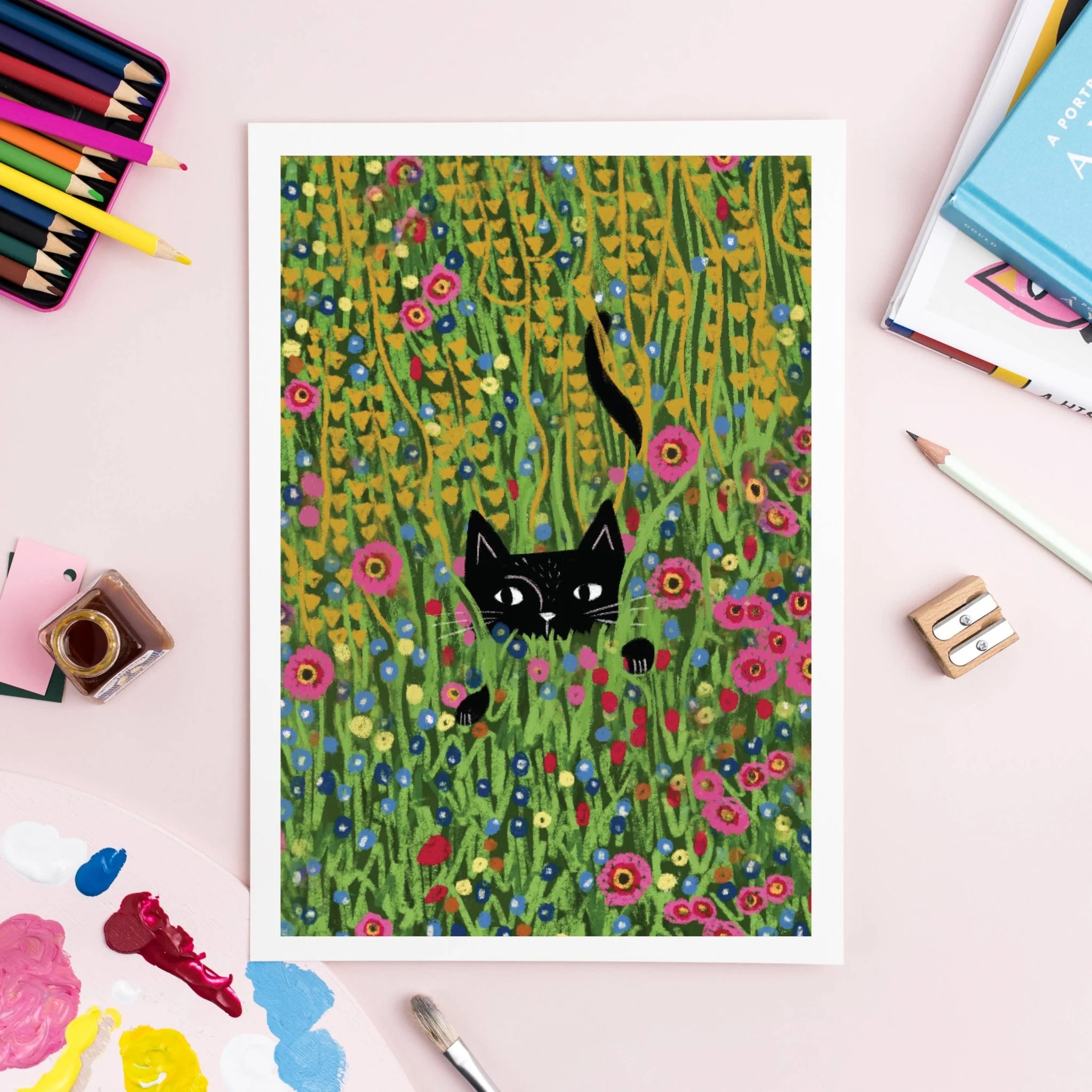 Niaski Cat Hiding in a Klimt Garden Art Print – Inspired by Gustav Klimt