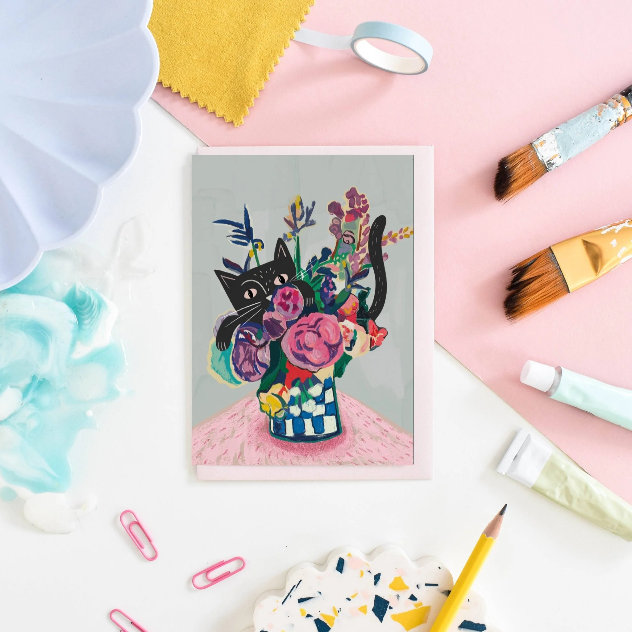 Catisse - Flowers and Cat Greetings Card - Image 2