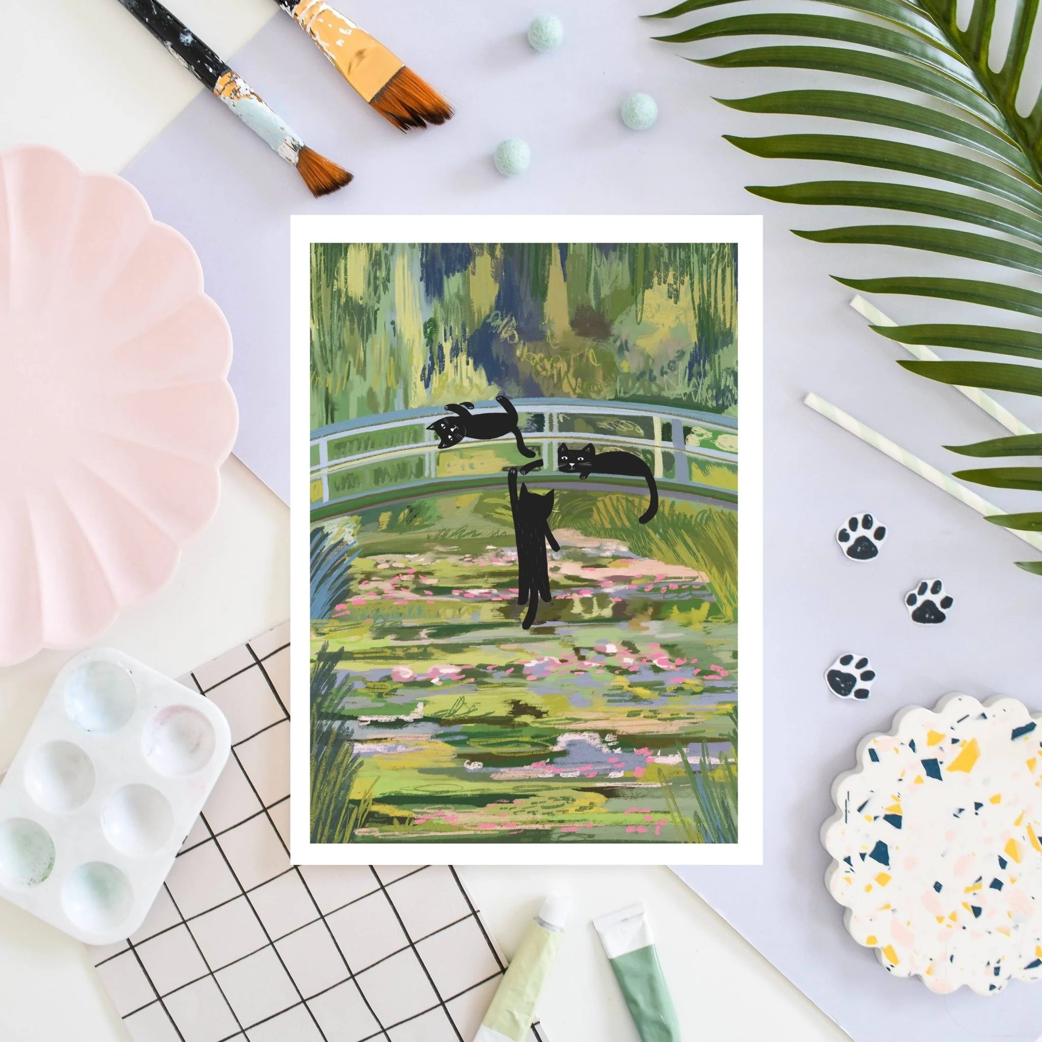 Niaski Clawed Monet Cats on a Bridge Art Print – Inspired by Claude Monet