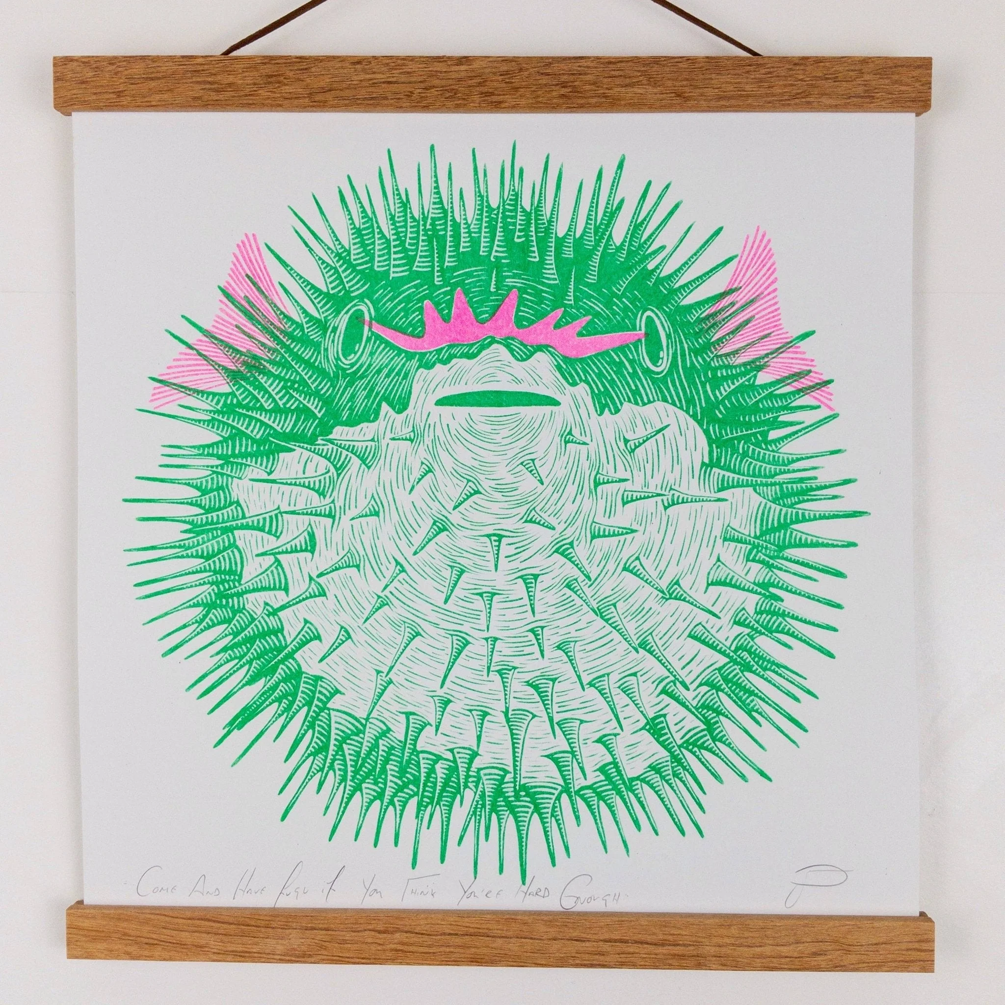 Puffer Fish 'Come And Have Fugu If You Think You’re Hard Enough' Riso Art Print - Image 2