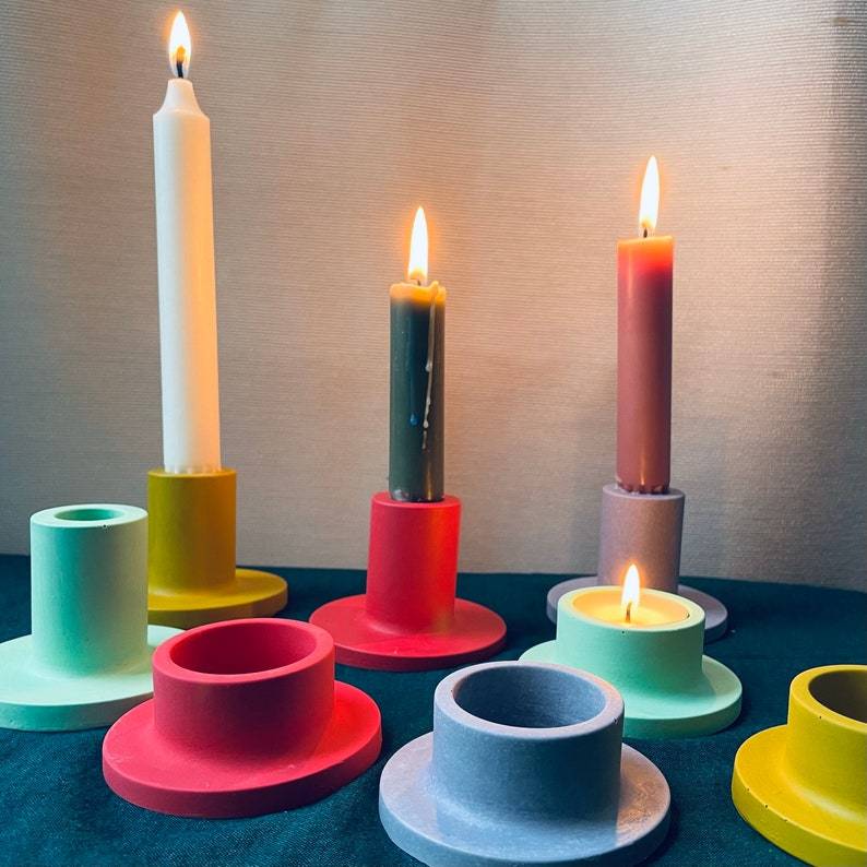 Dark Blue Colourblock Jesmonite Candle Stick Holder - Image 4