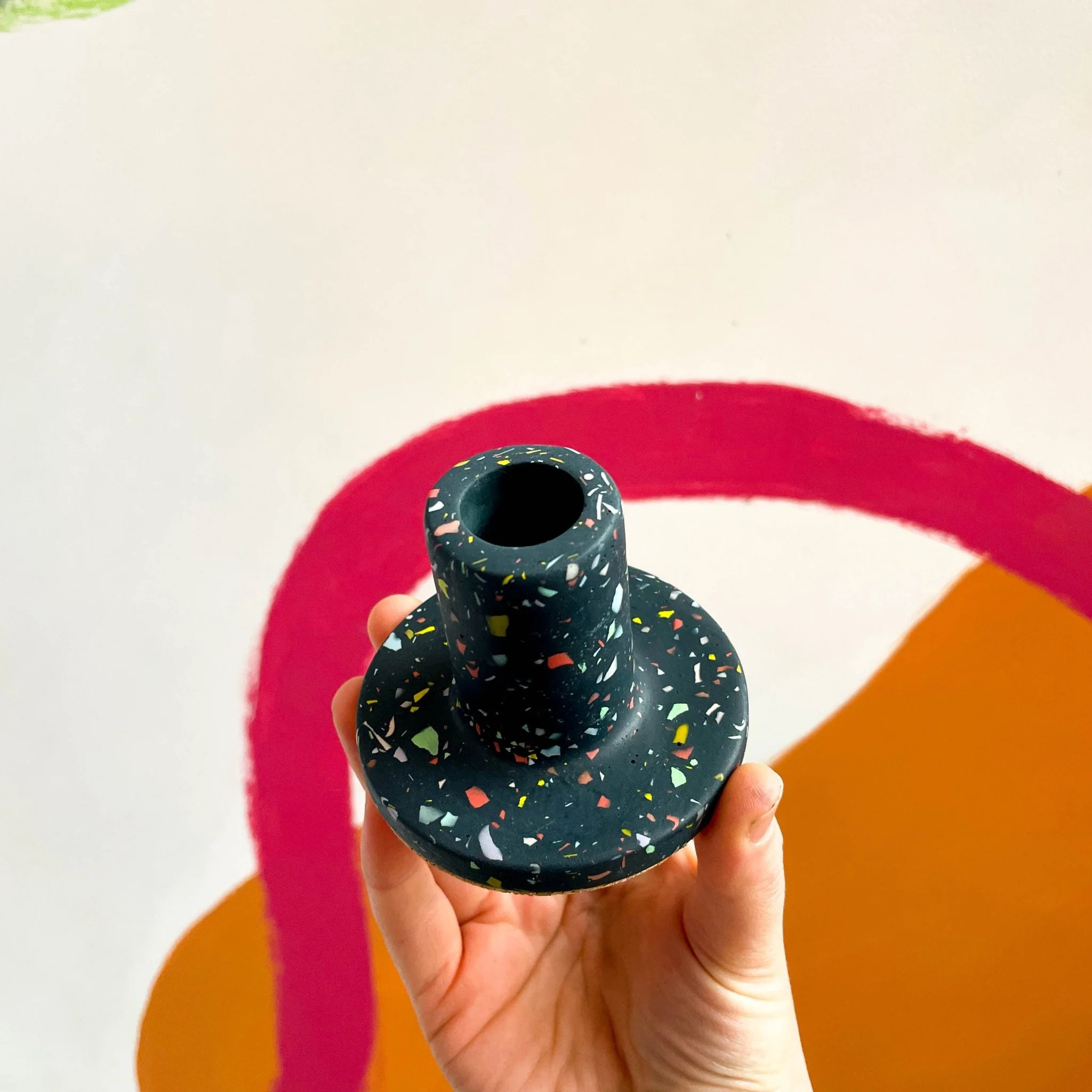 Dark Blue Terrazzo Jesmonite Candle Stick Holder - Image 3