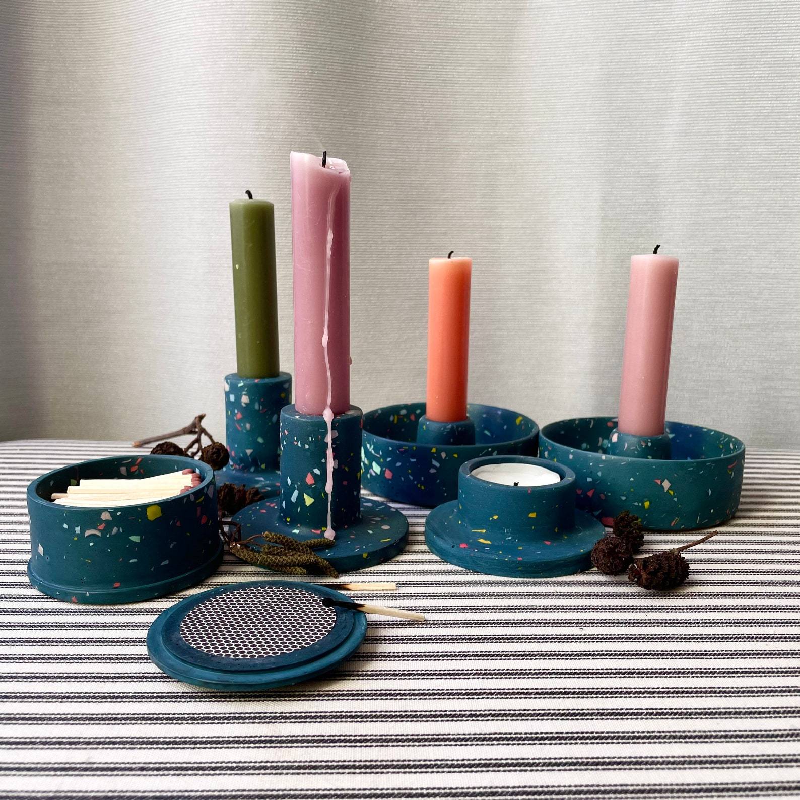 Dark Blue Terrazzo Jesmonite Candle Stick Holder - Image 5