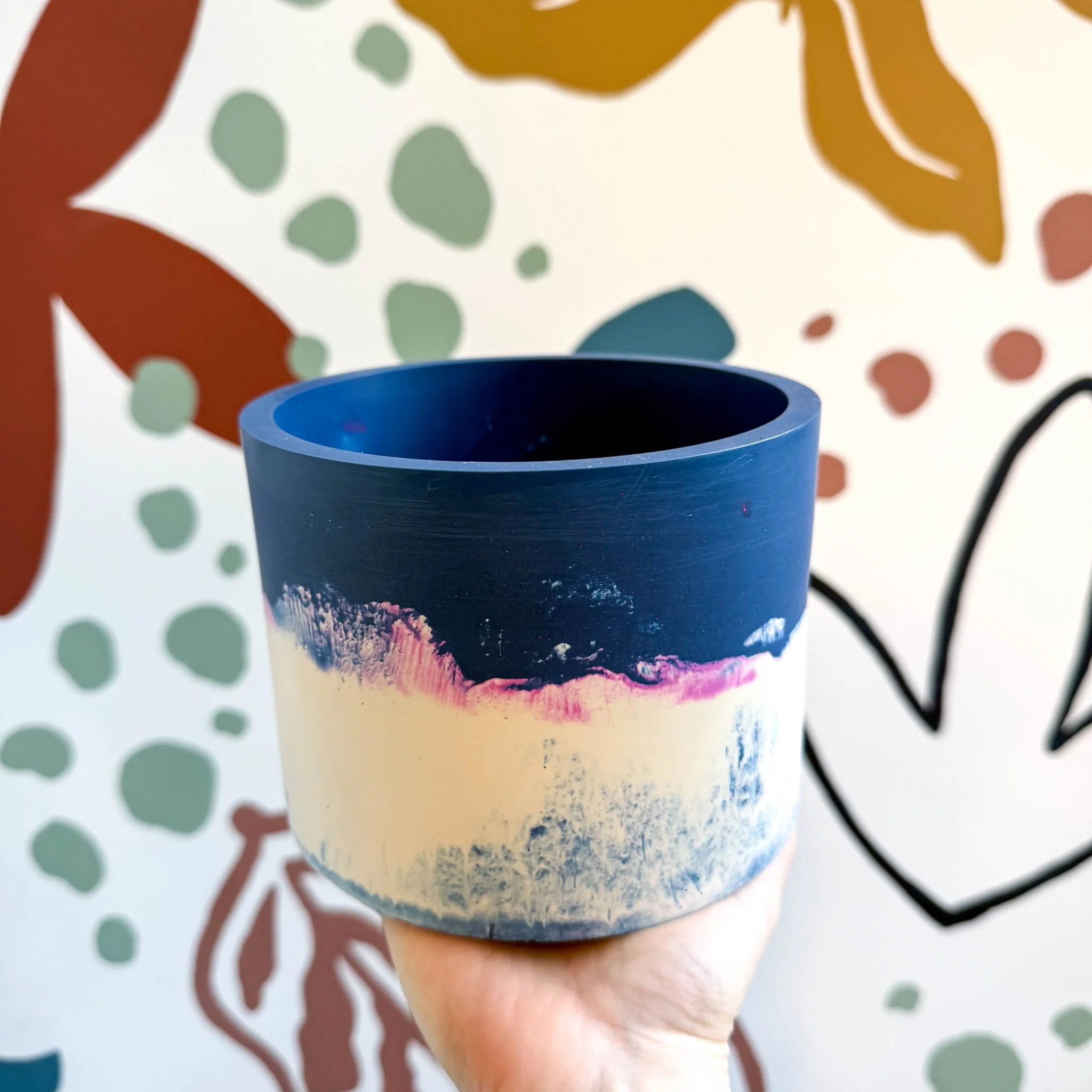Deep Blue, Neon Pink and Putty Jesmonite Pot