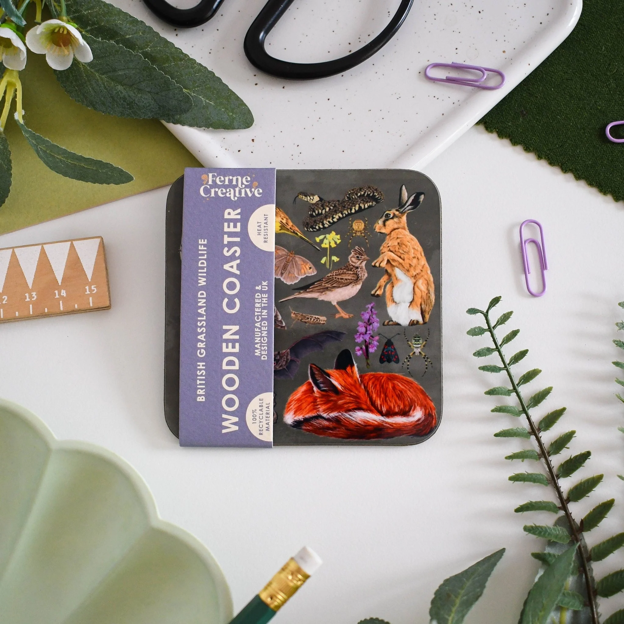 Grassland Illustrated Wildlife Coaster – Featuring Hares, Wildflowers & Butterflies