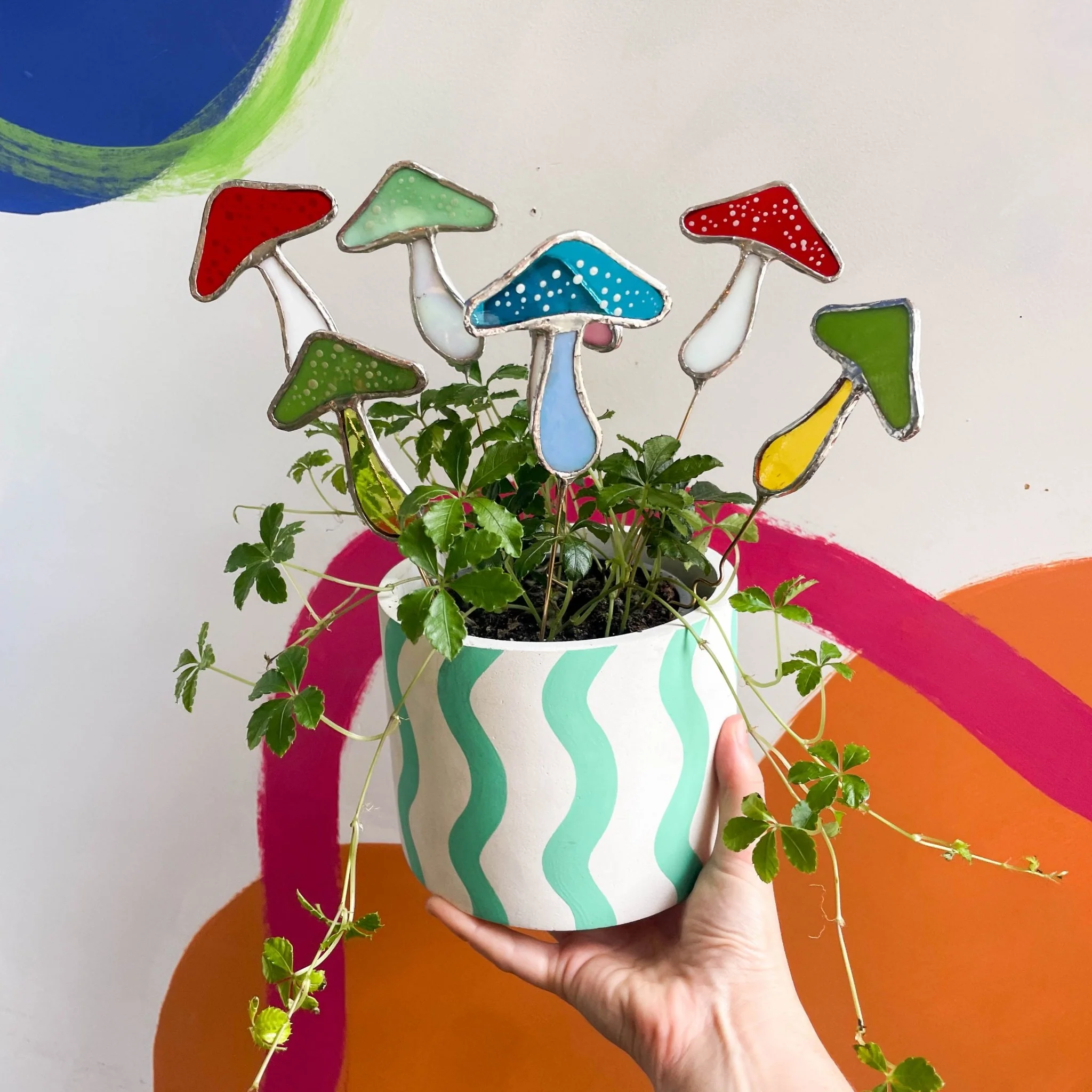 Iridescent Stained Glass Mushroom Suncatcher Plant Stake