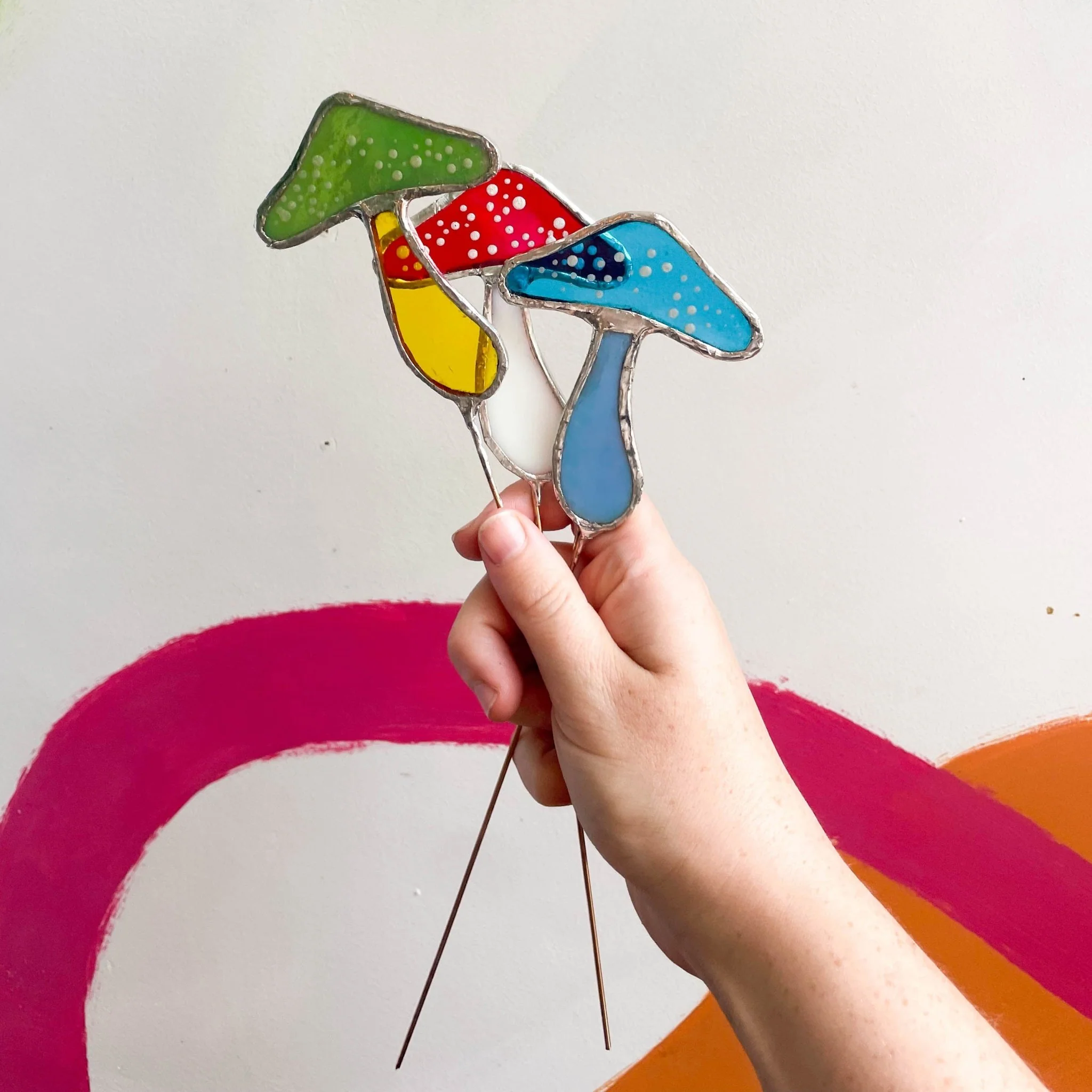 Iridescent Stained Glass Mushroom Suncatcher Plant Stake - Image 4