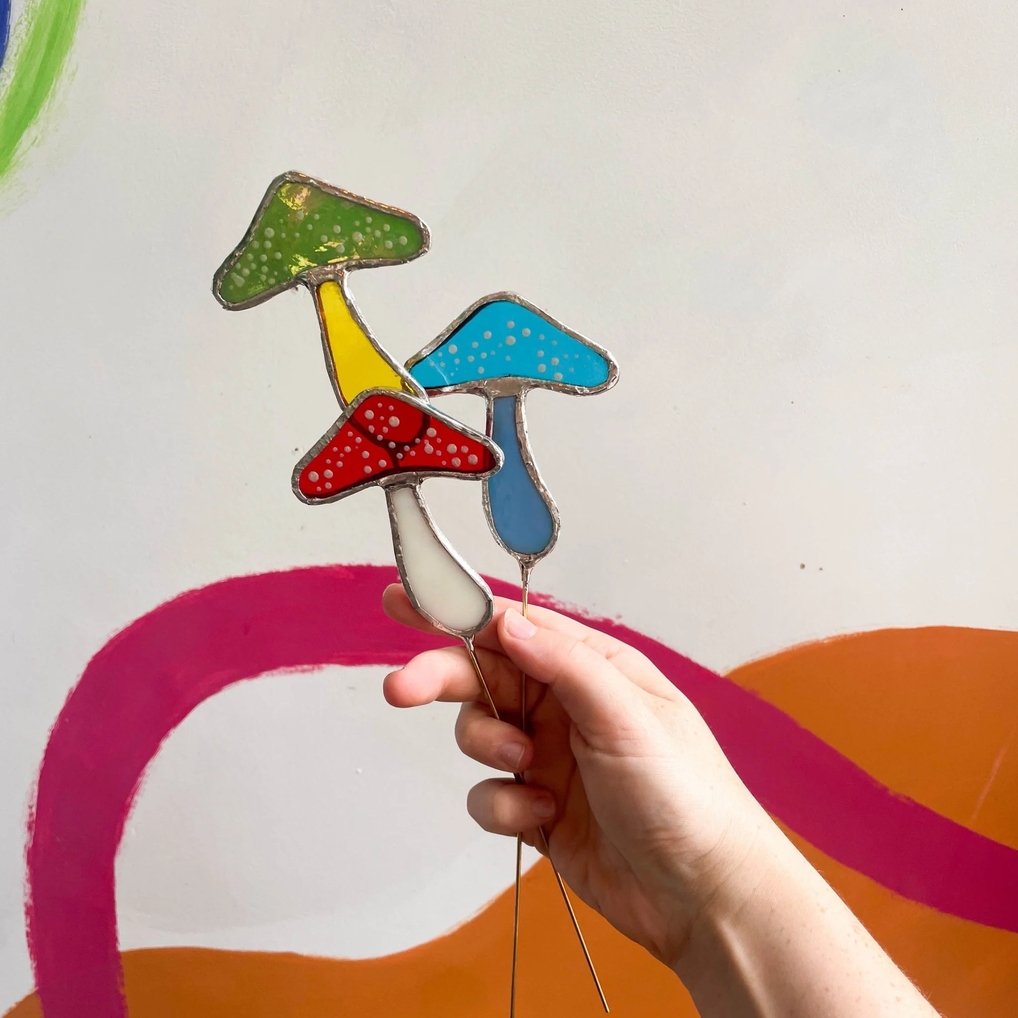 Iridescent Stained Glass Mushroom Suncatcher Plant Stake - Image 5