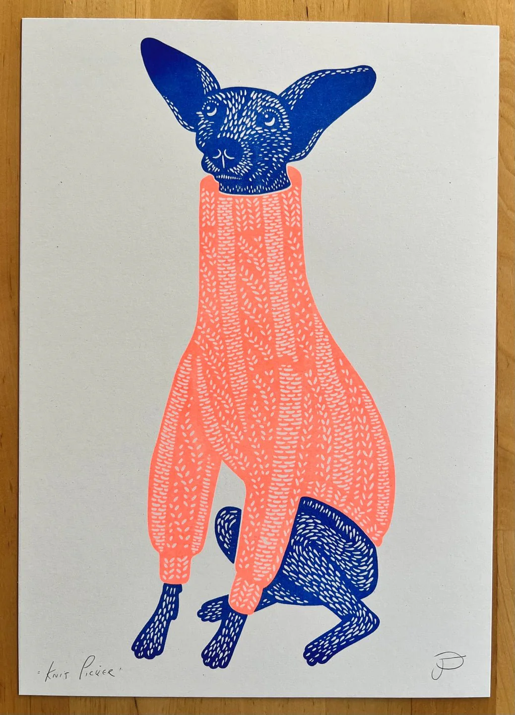 'Knit Picker' Whippet Dog in Knitted Jumper Riso Art Print - Image 3