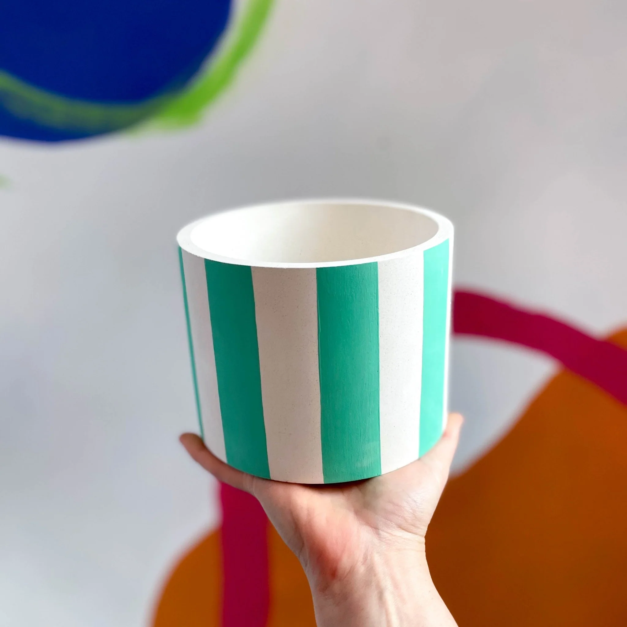 Mint Green Stripes Jesmonite Pot - Ex-display