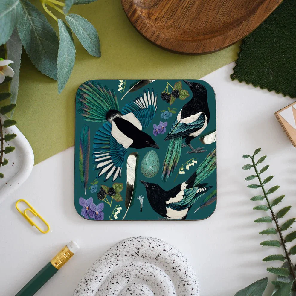 Magpie Illustrated Wildlife Coaster – Feathers, Eggs & Garden Charm