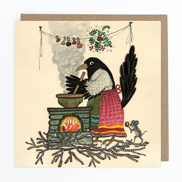 Magpie in apron cooking Greetings Card