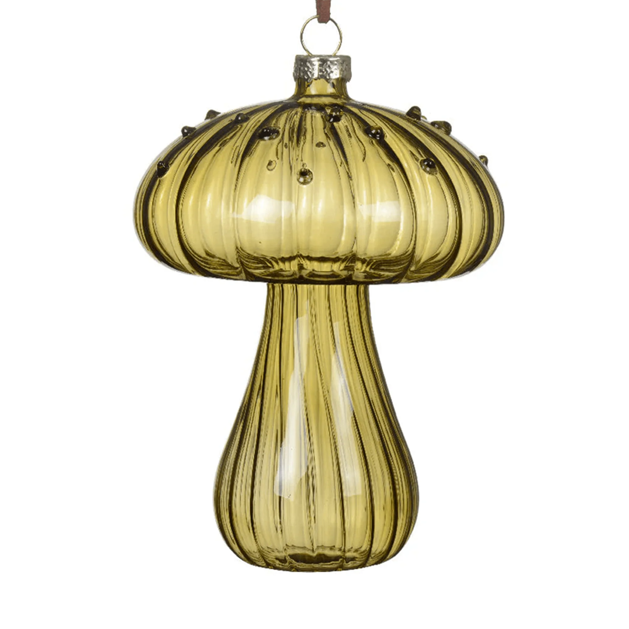 Olive Green Glass Mushroom Hanging Decoration – Textured Bauble Ornament