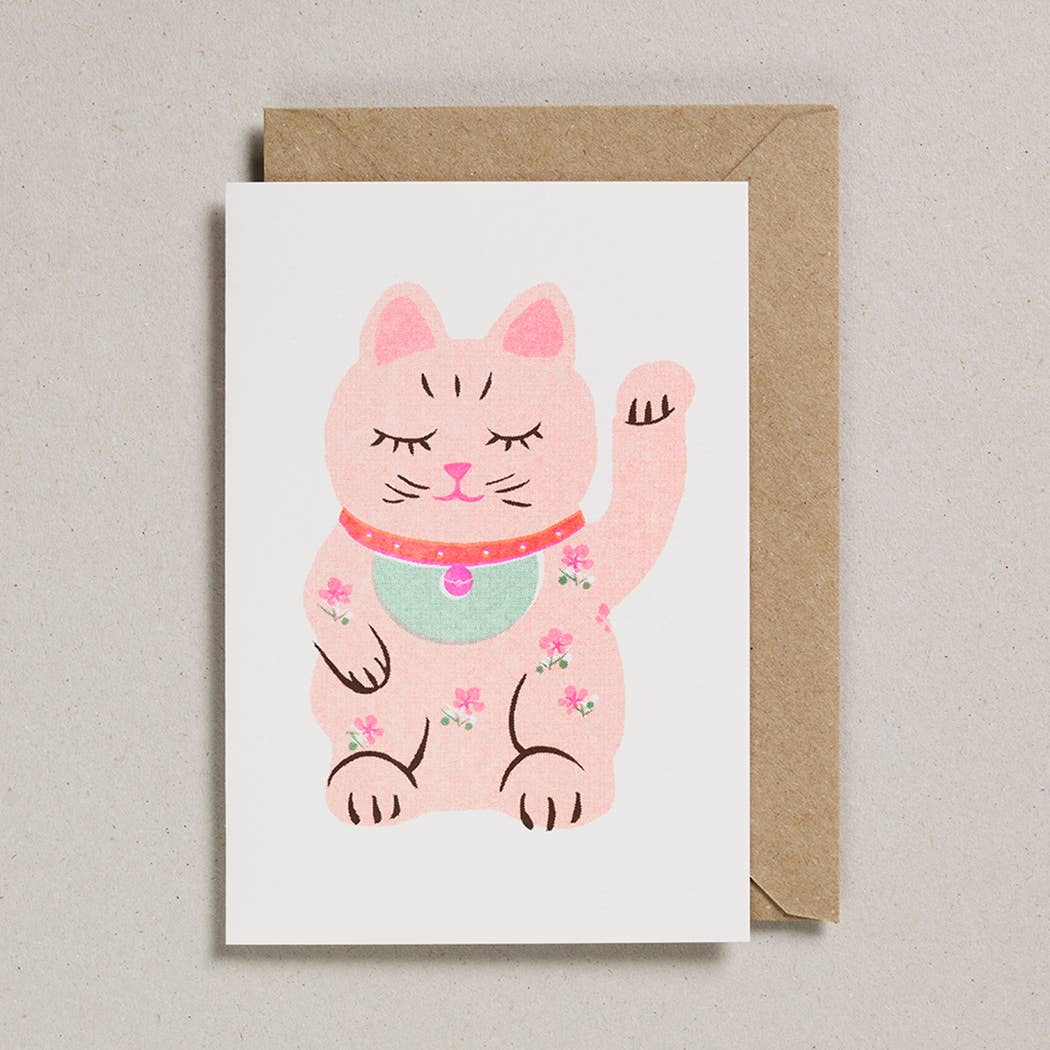 Lucky Cat Riso Papercut Greetings Card
