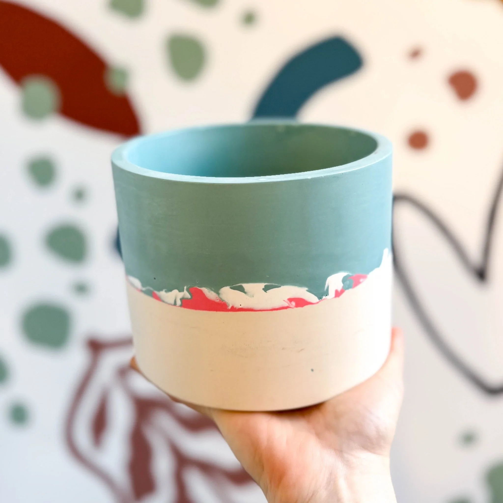 Sky Blue, Coral Pink and Putty Jesmonite Pot