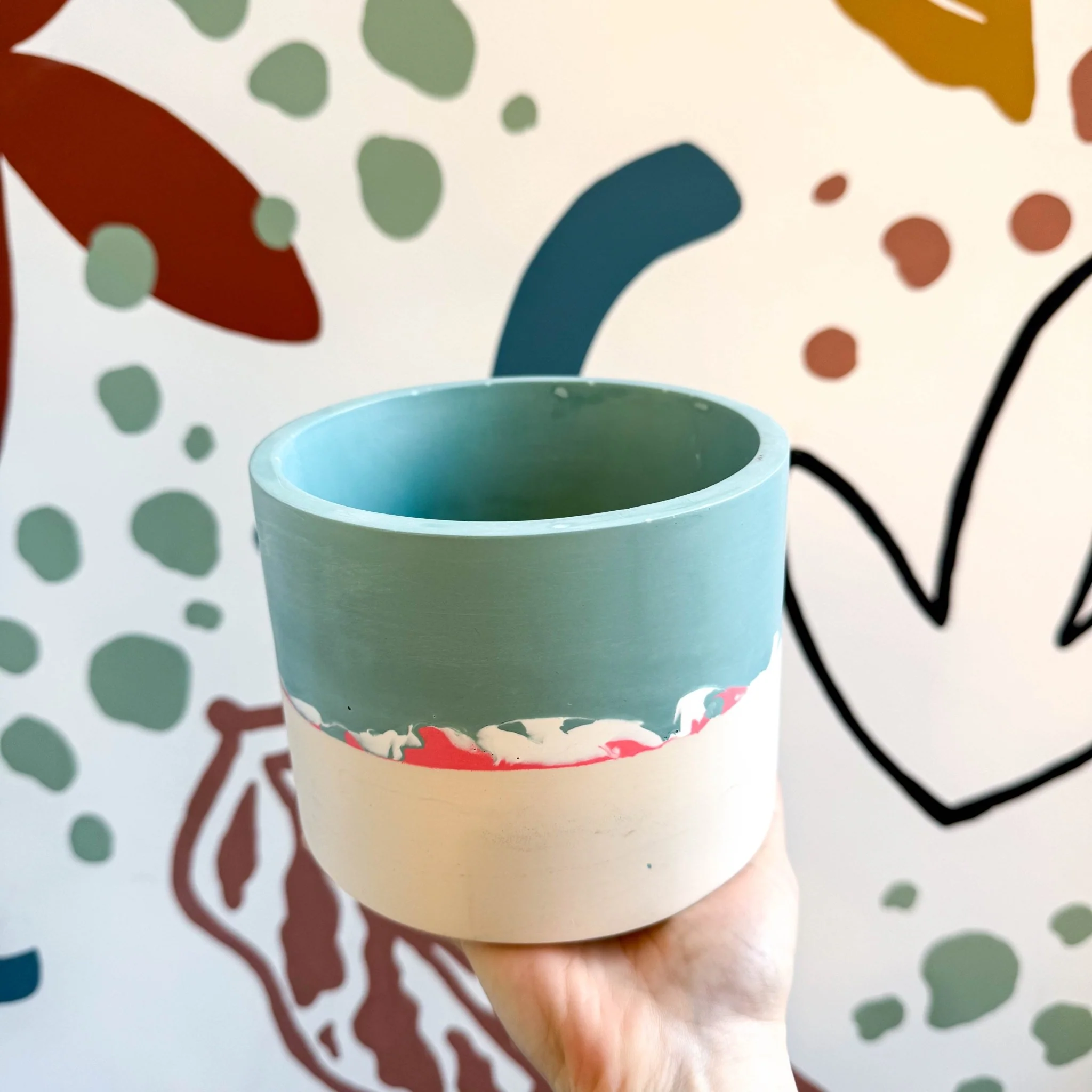 Sky Blue, Coral Pink and Putty Jesmonite Pot - Image 2