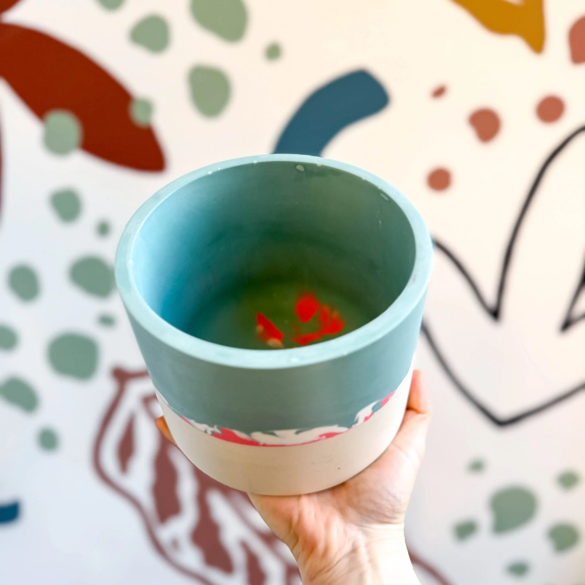 Sky Blue, Coral Pink and Putty Jesmonite Pot - Image 3