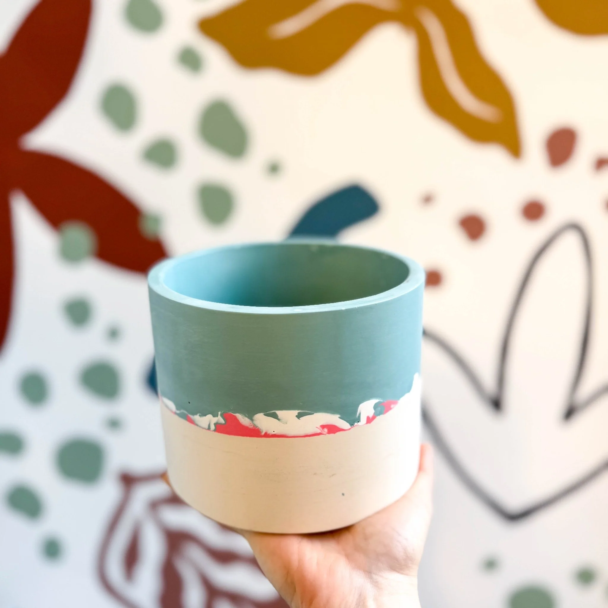 Sky Blue, Coral Pink and Putty Jesmonite Pot - Image 4
