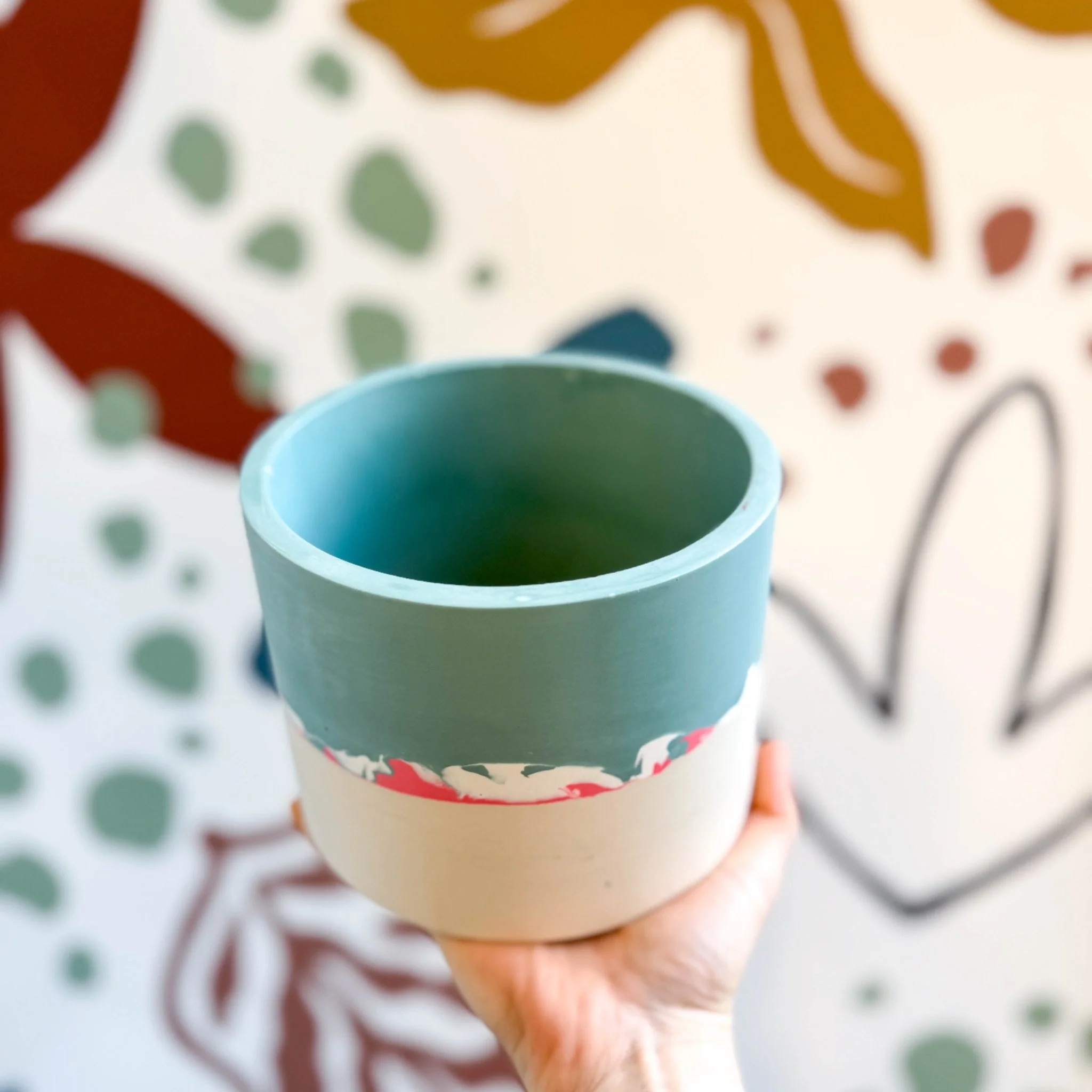 Sky Blue, Coral Pink and Putty Jesmonite Pot - Image 5