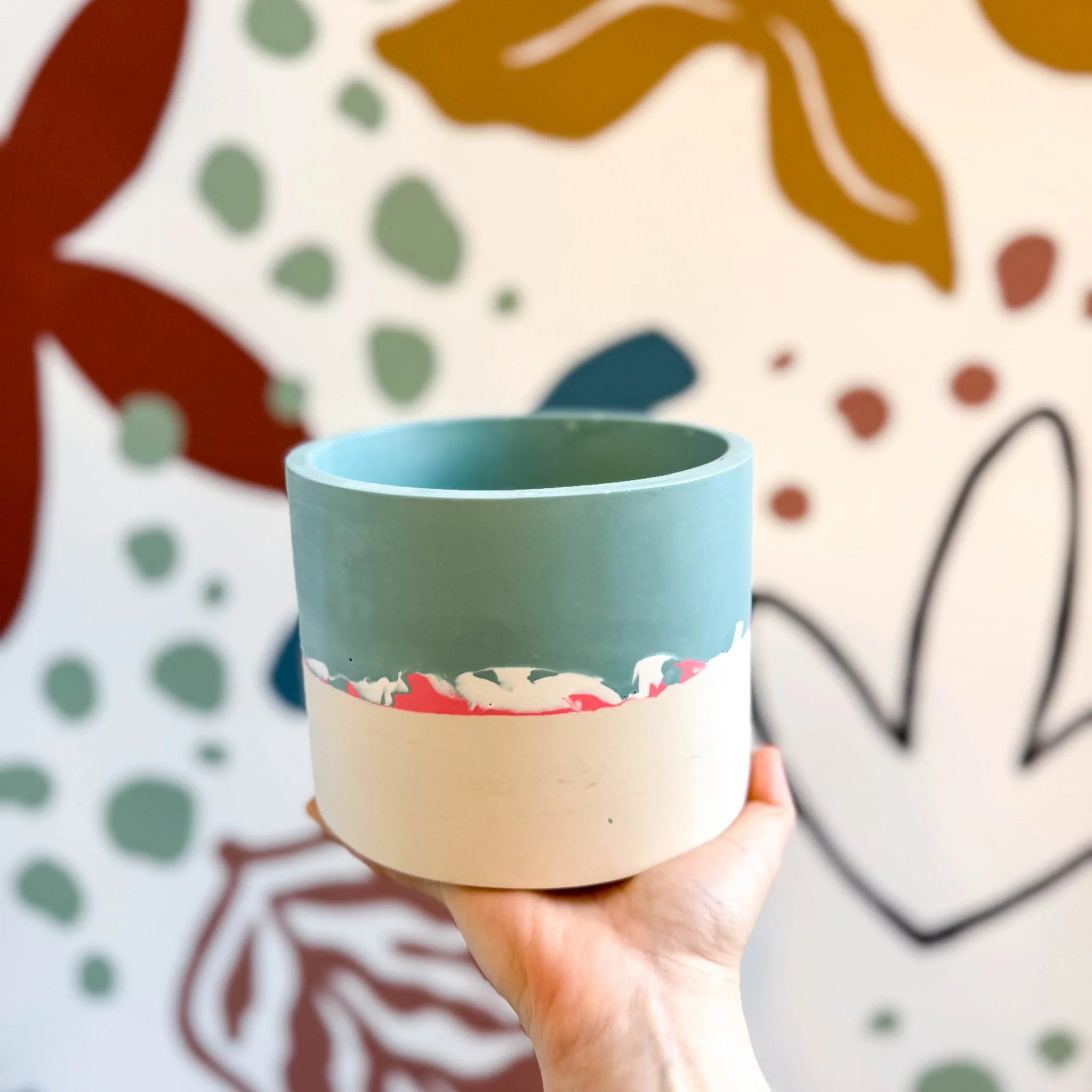 Sky Blue, Coral Pink and Putty Jesmonite Pot - Image 6