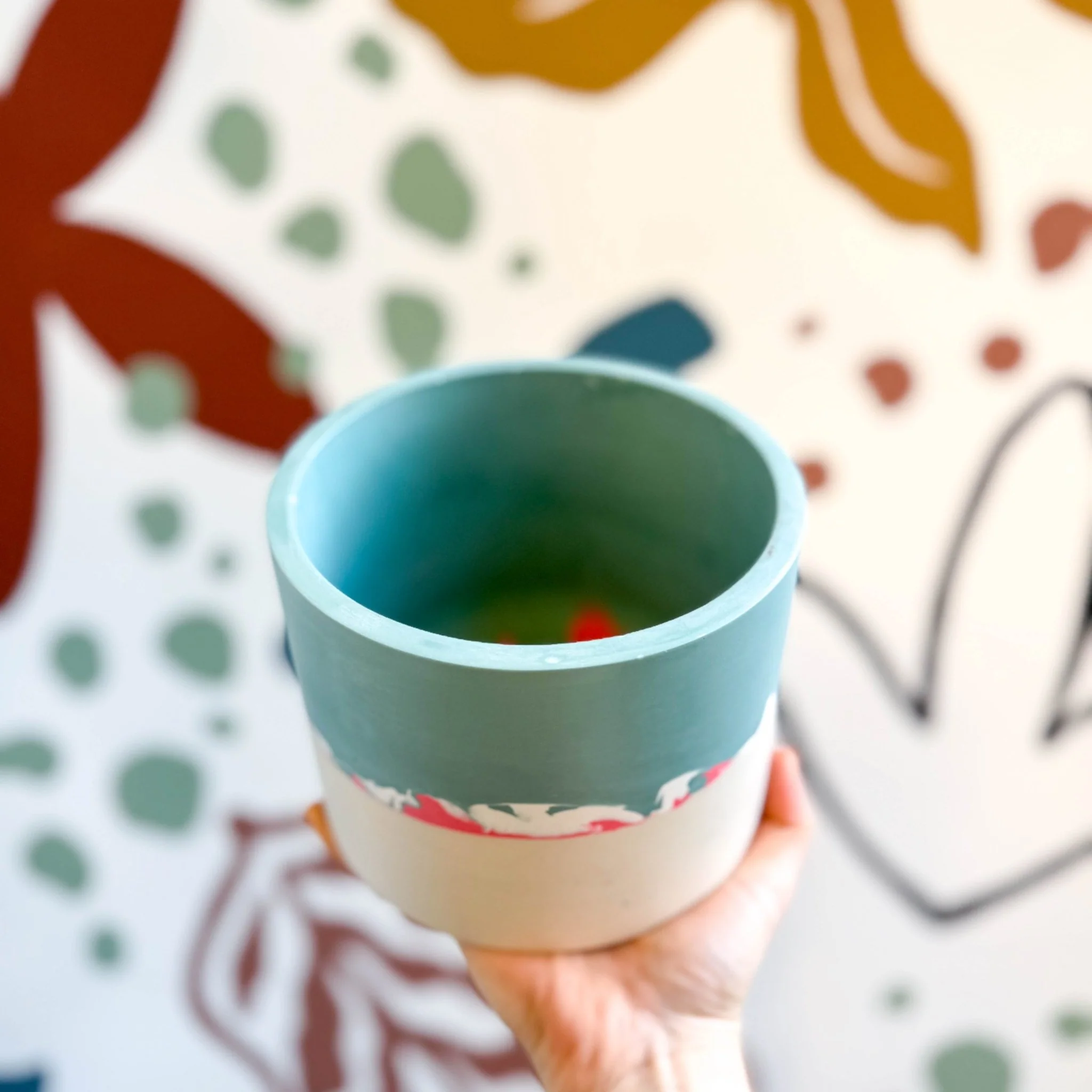 Sky Blue, Coral Pink and Putty Jesmonite Pot - Image 7