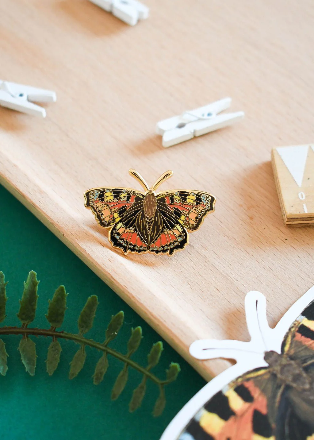 Small Tortoiseshell Butterfly Enamel Pin – Designed by Ferne Creative - Image 2