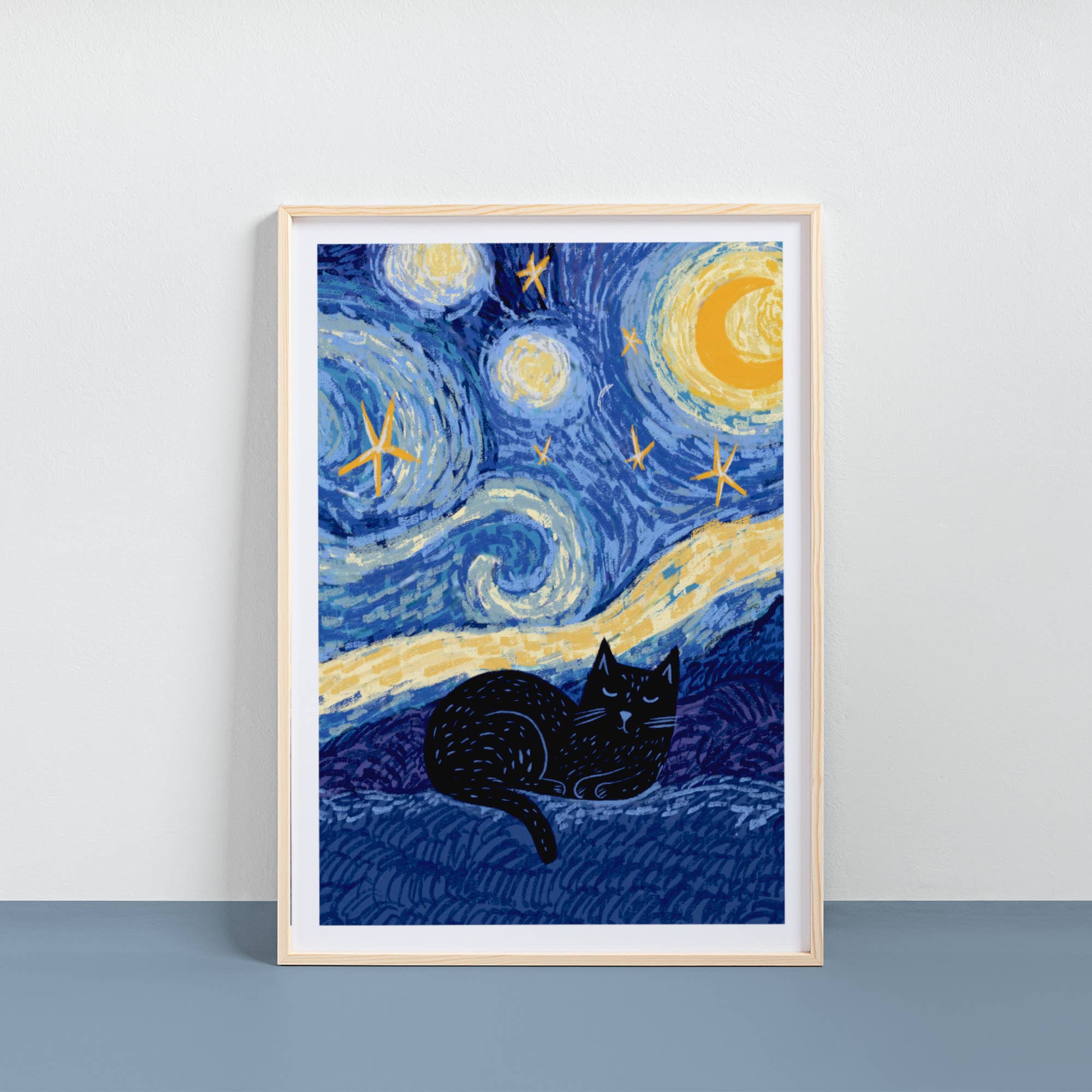 Niaski Starry Night Cat Art Print – Inspired by Vincent van Gogh