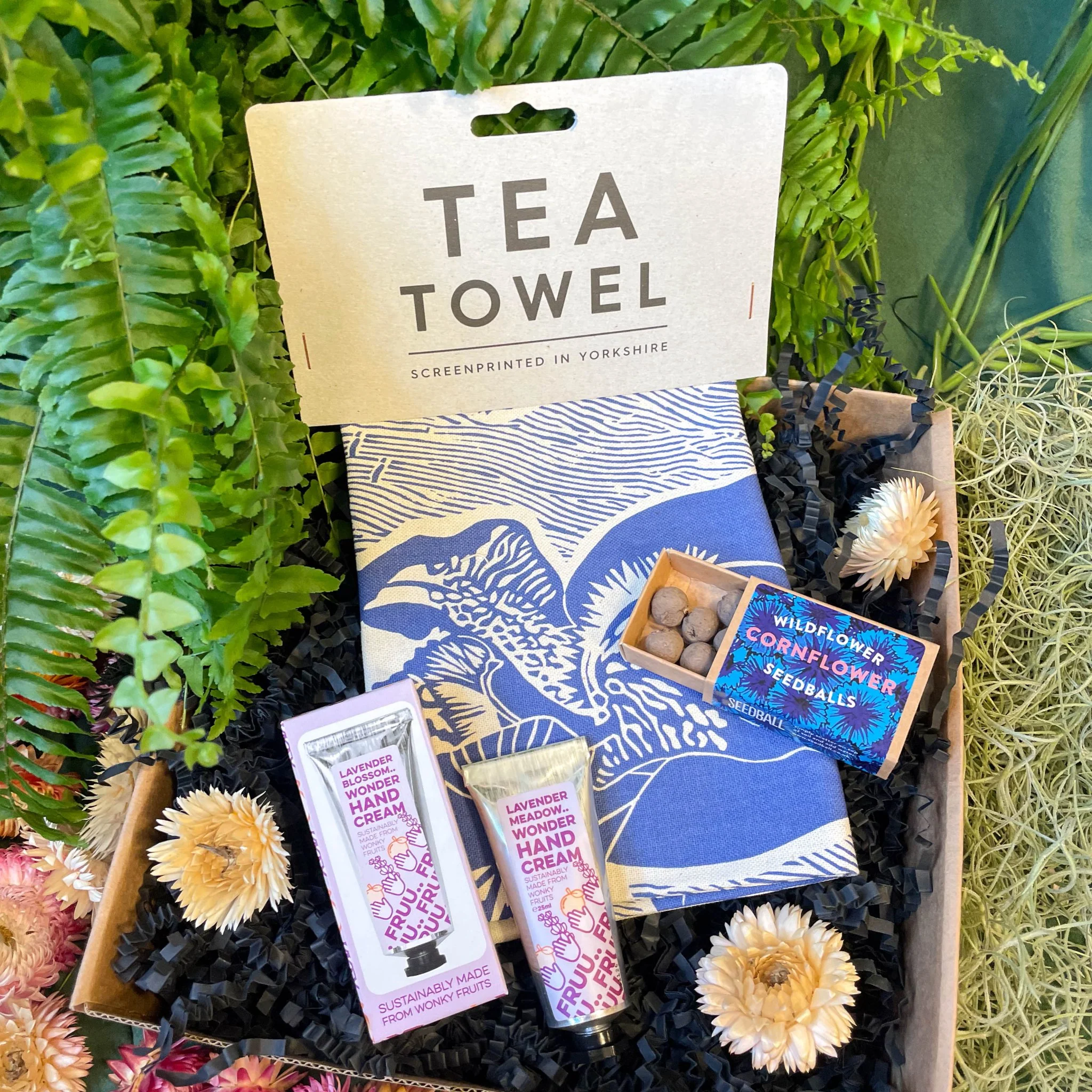 The Screen Printed Tea Towel, Wonky Fruit Hand Cream & Wildflower Seed Gift Set