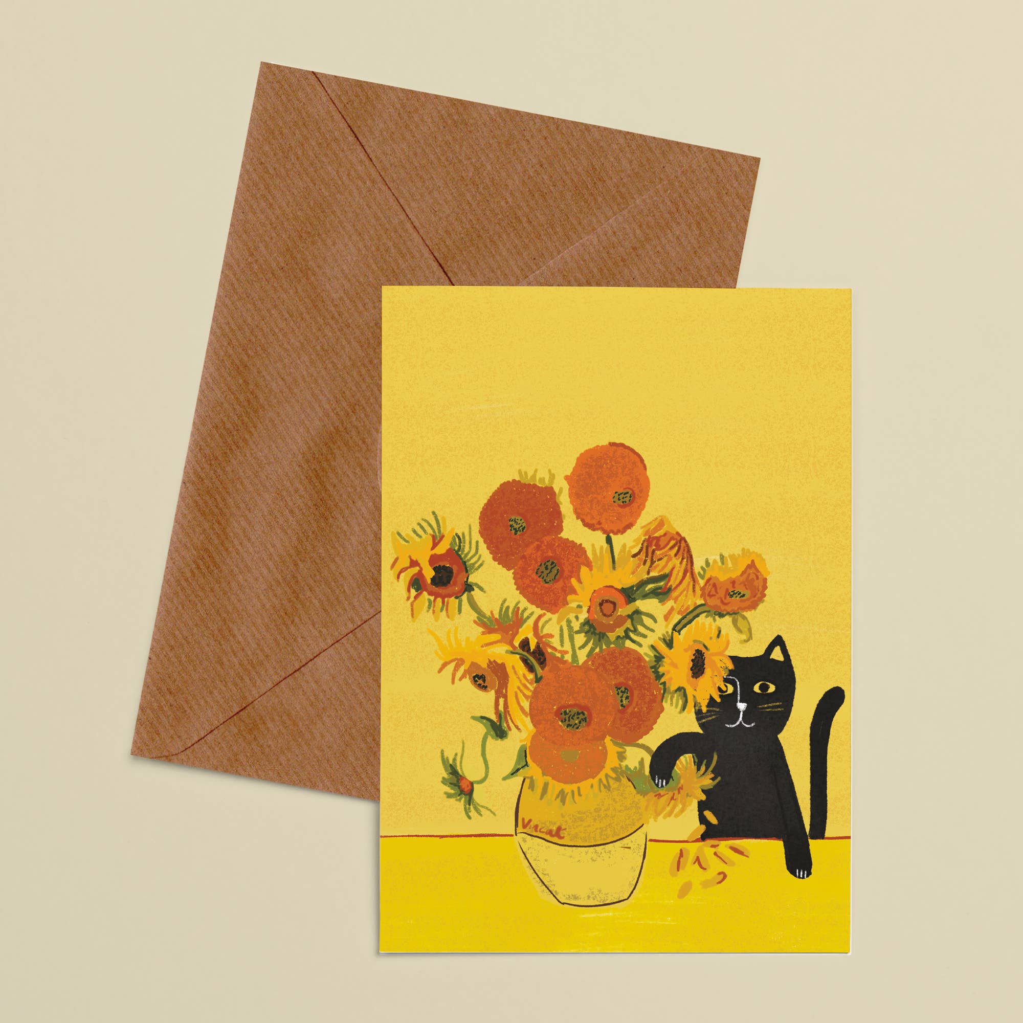 Vincents Sunflower Vase Cat Greetings Card - Image 2