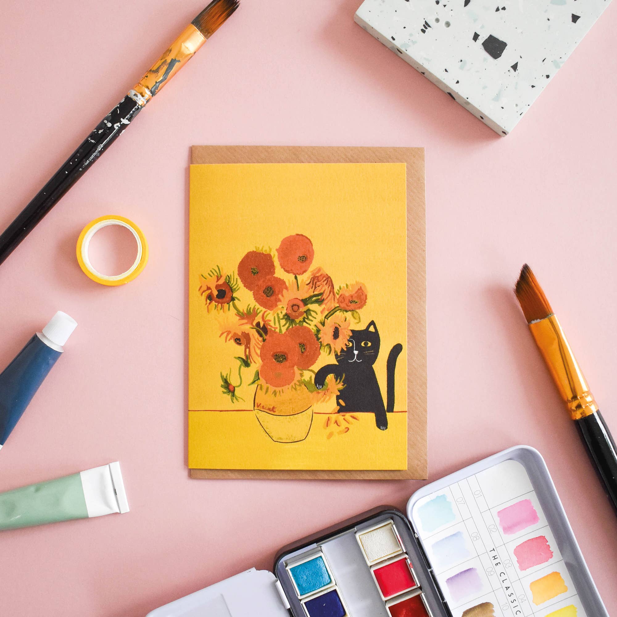 Vincents Sunflower Vase Cat Greetings Card - Image 3