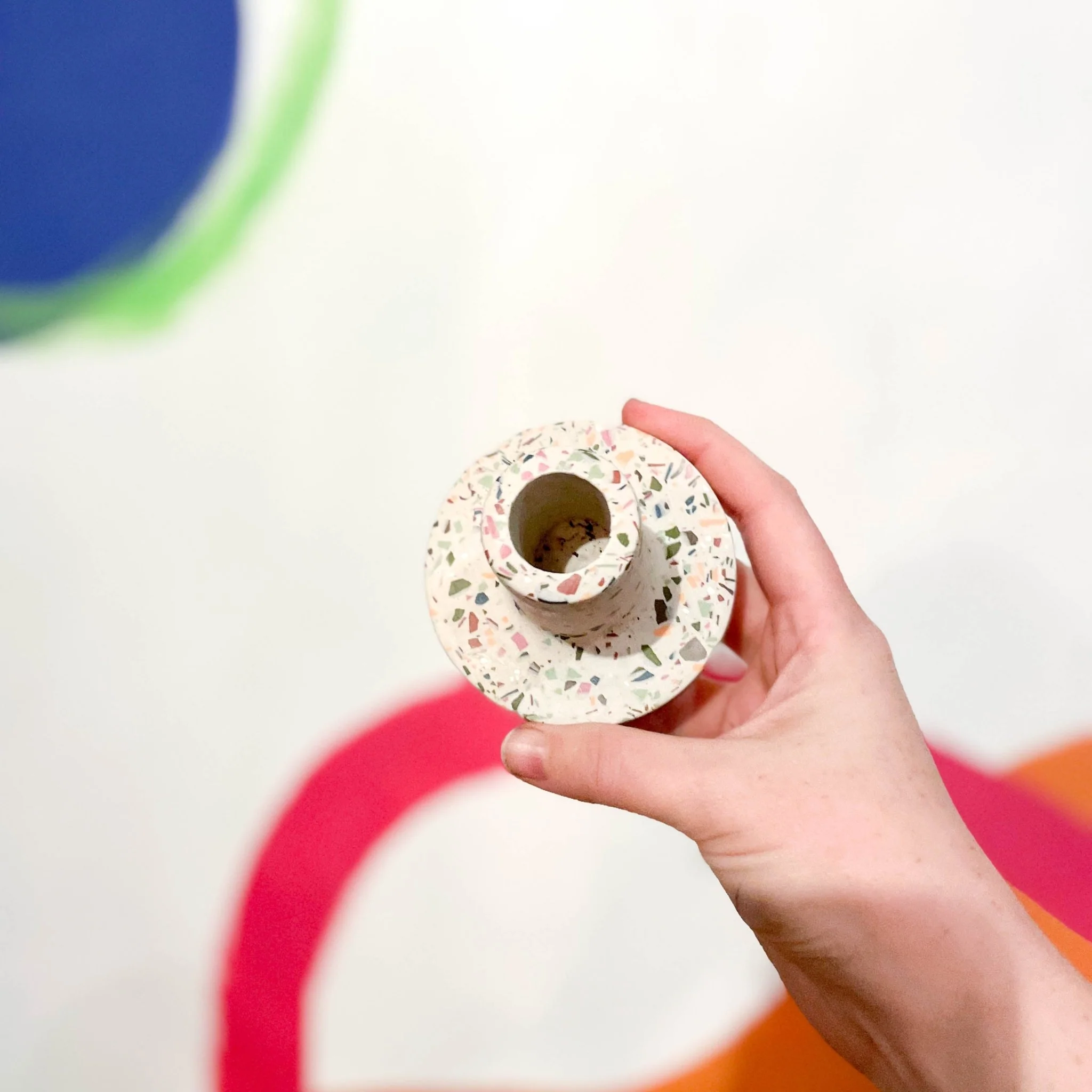 White & Muted Terrazzo Jesmonite Candle Stick Holder - Image 2