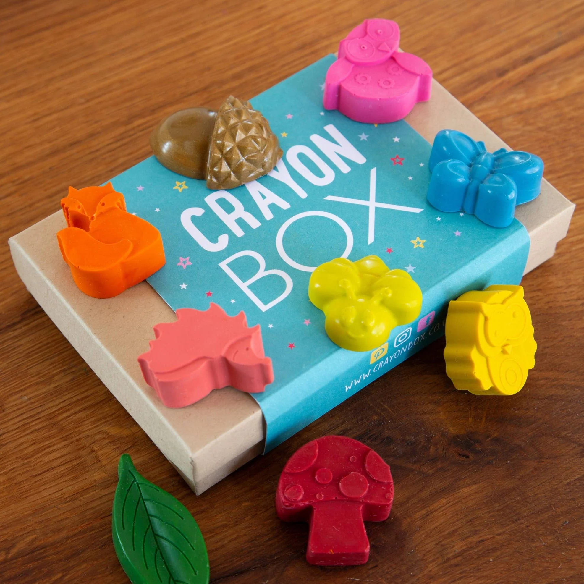 Woodland Themed Wax Crayons - Featuring Toadstool, Owls, Leaves, Hedgehog and Acorn