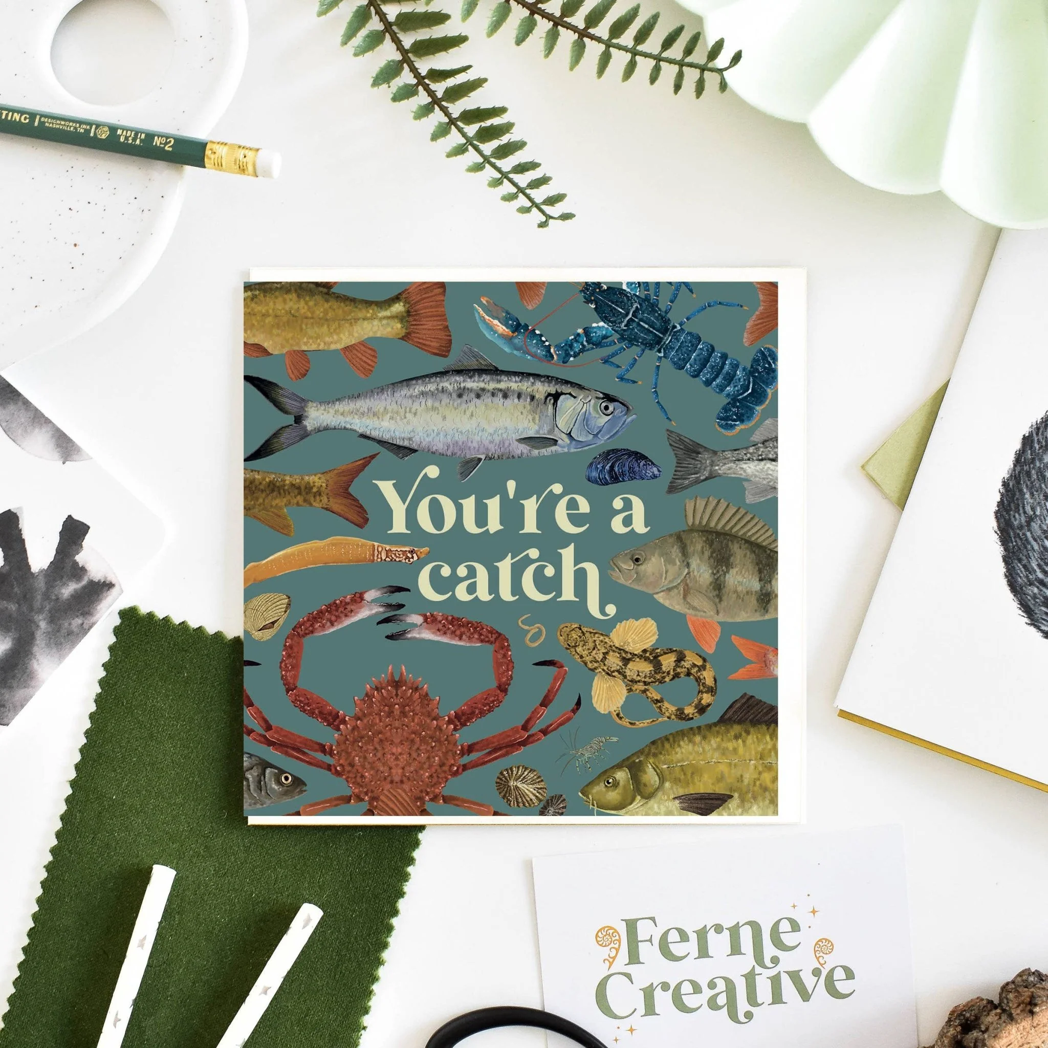 'You're a catch' Illustrated Marine Life Greetings Card